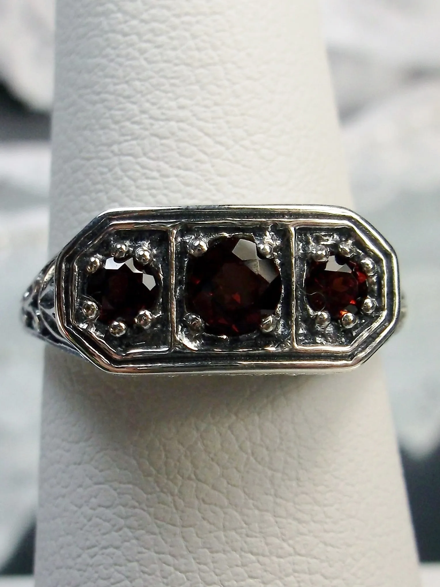 Natural Red Garnet Ring, Lily Leaf Sterling Silver Filigree, Edwardian Jewelry #D197