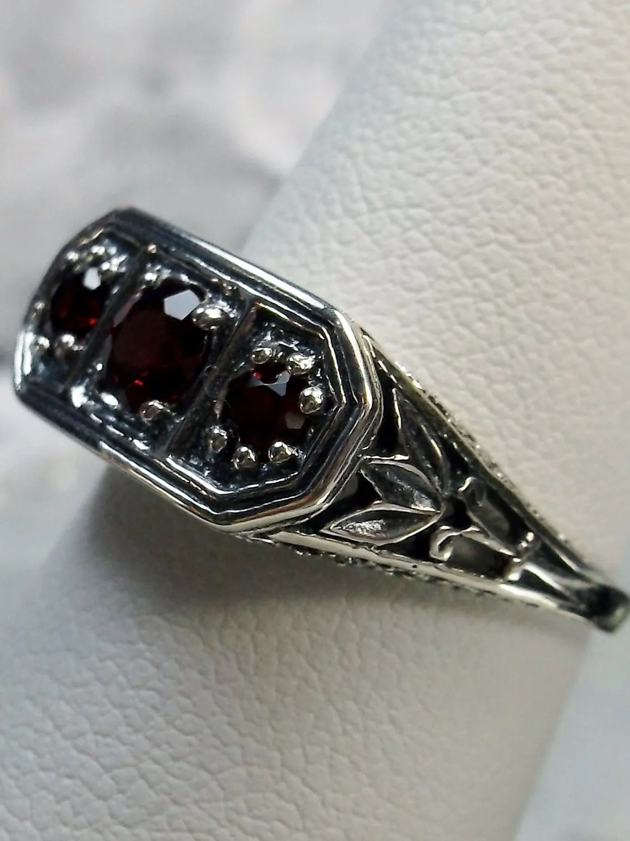 Natural Red Garnet Ring, Lily Leaf Sterling Silver Filigree, Edwardian Jewelry #D197