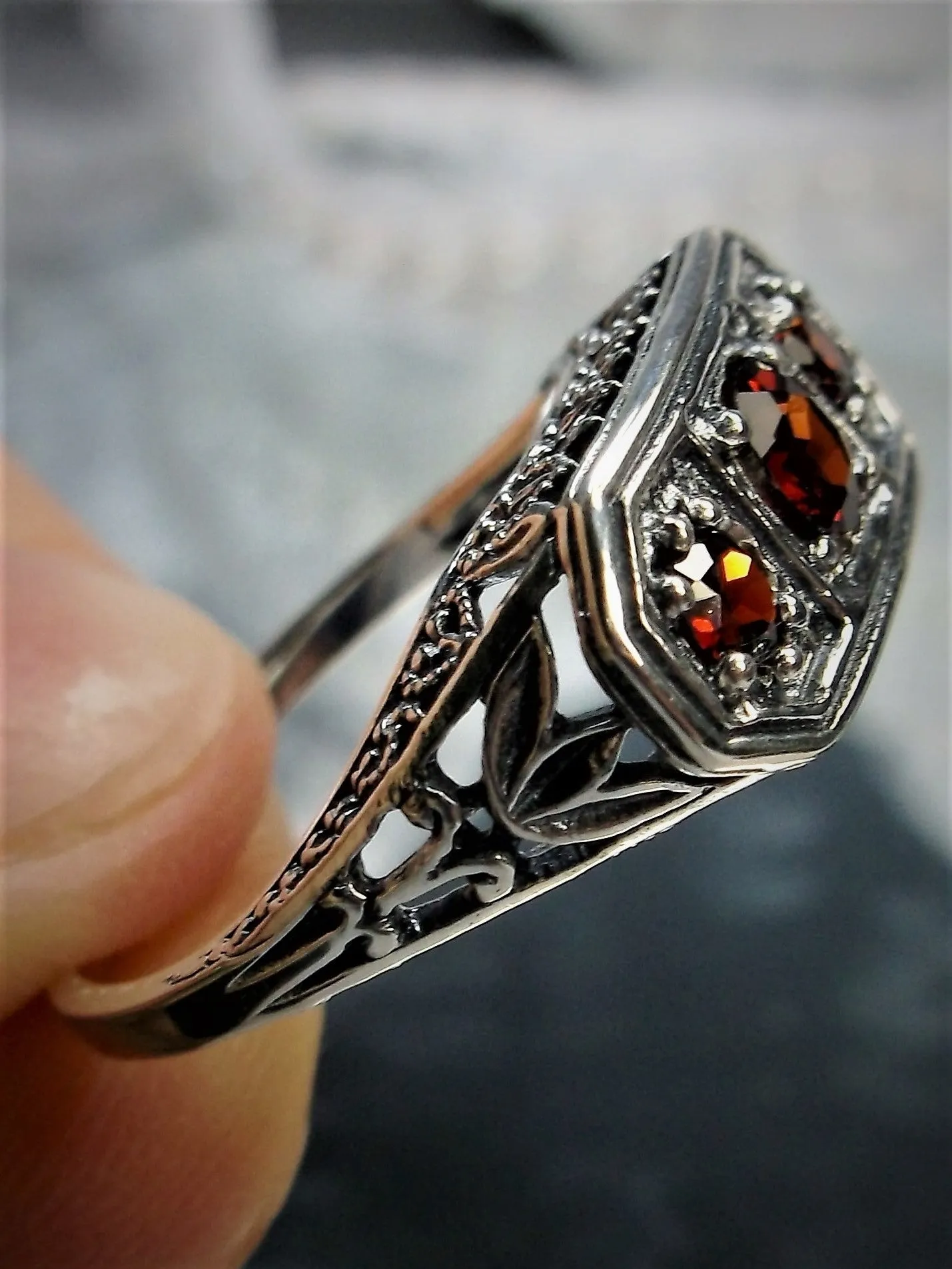 Natural Red Garnet Ring, Lily Leaf Sterling Silver Filigree, Edwardian Jewelry #D197