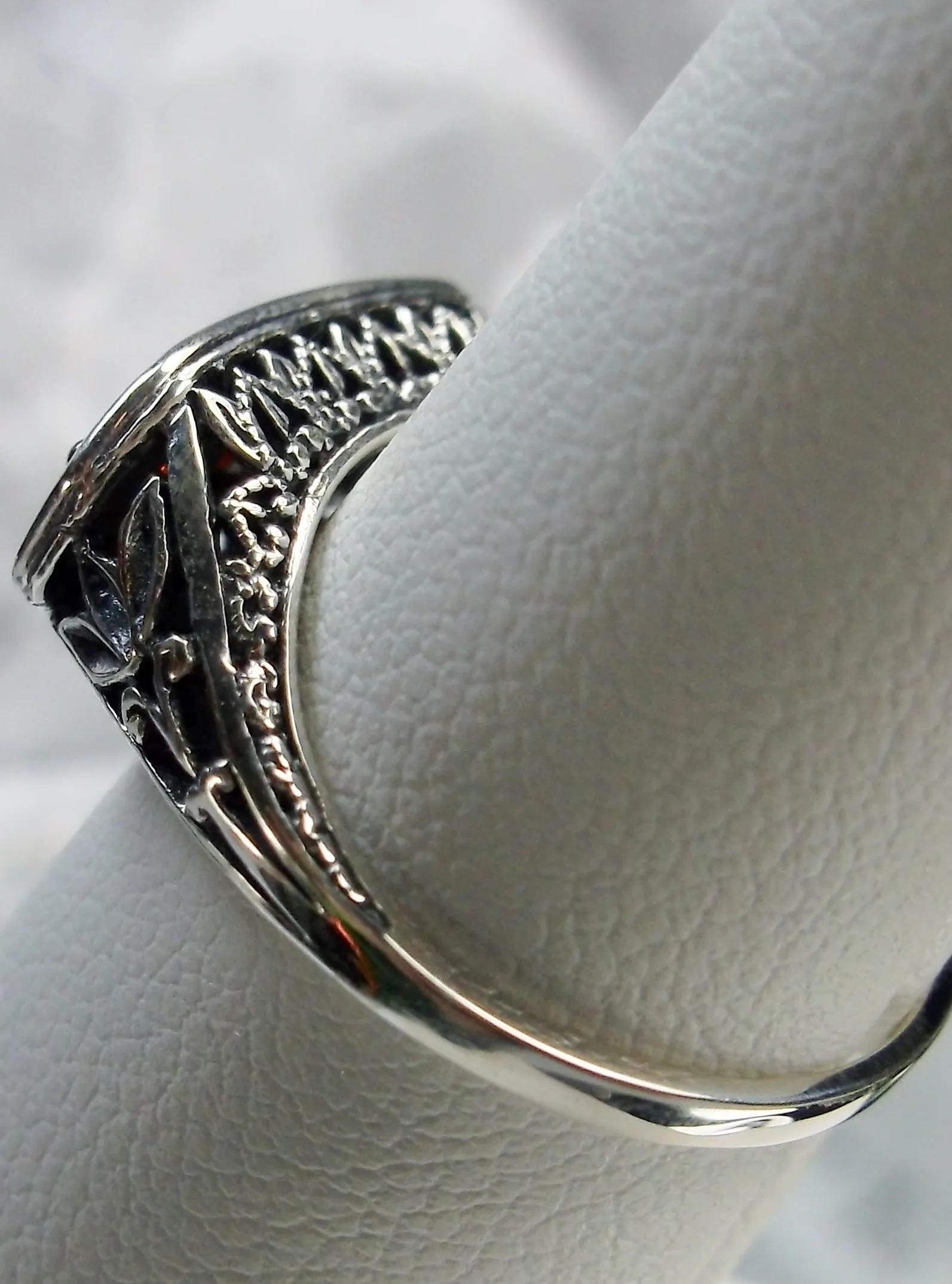 Natural Red Garnet Ring, Lily Leaf Sterling Silver Filigree, Edwardian Jewelry #D197