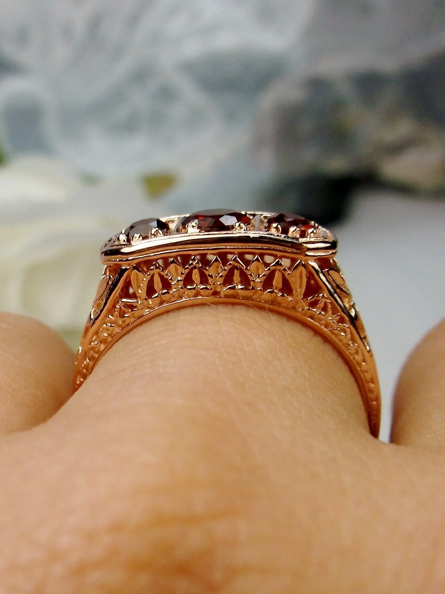 Natural Red Garnet Ring, Rose Gold plated Sterling Silver Lily Leaf Filigree, Edwardian Jewelry #D197