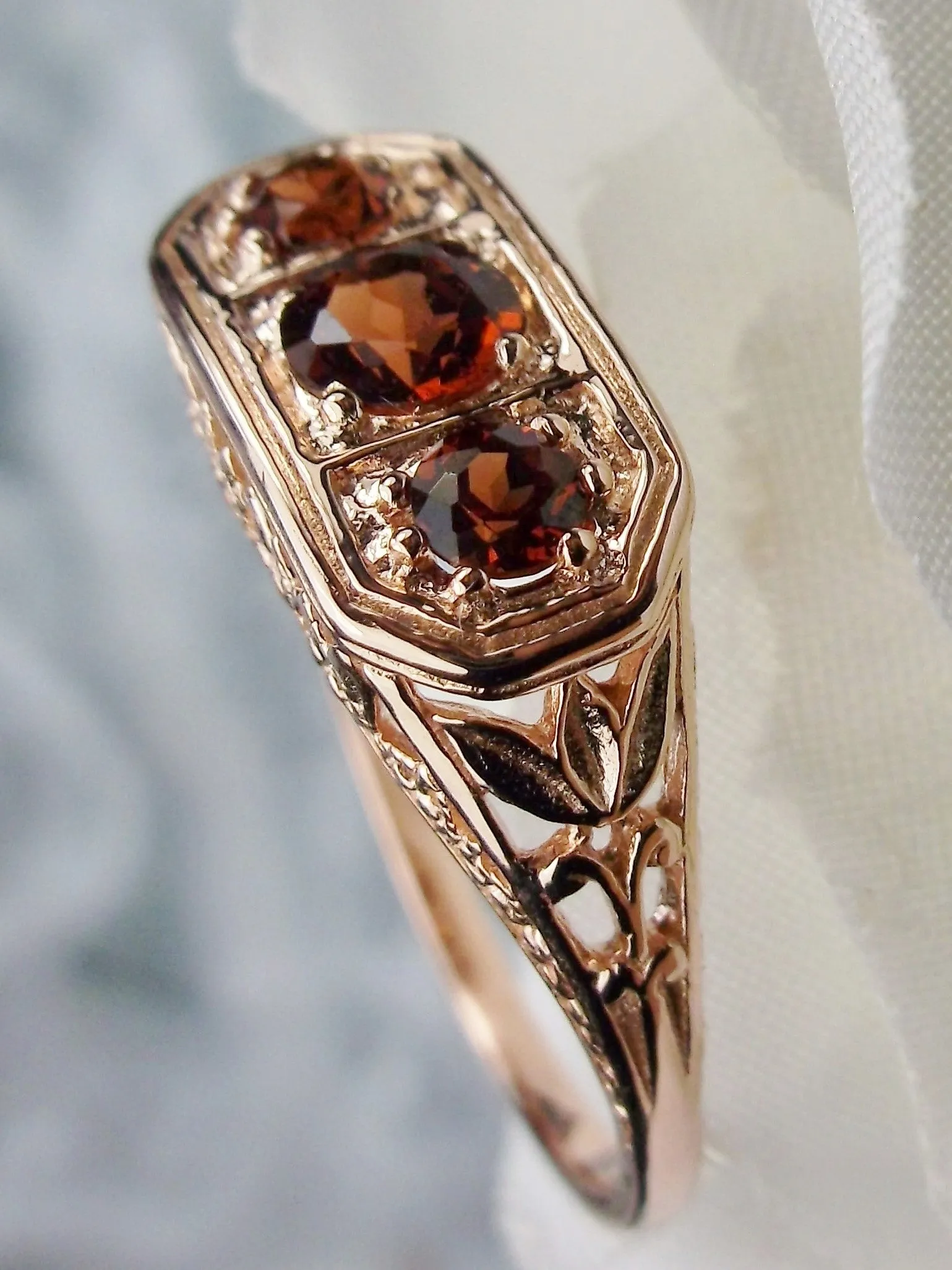 Natural Red Garnet Ring, Rose Gold plated Sterling Silver Lily Leaf Filigree, Edwardian Jewelry #D197
