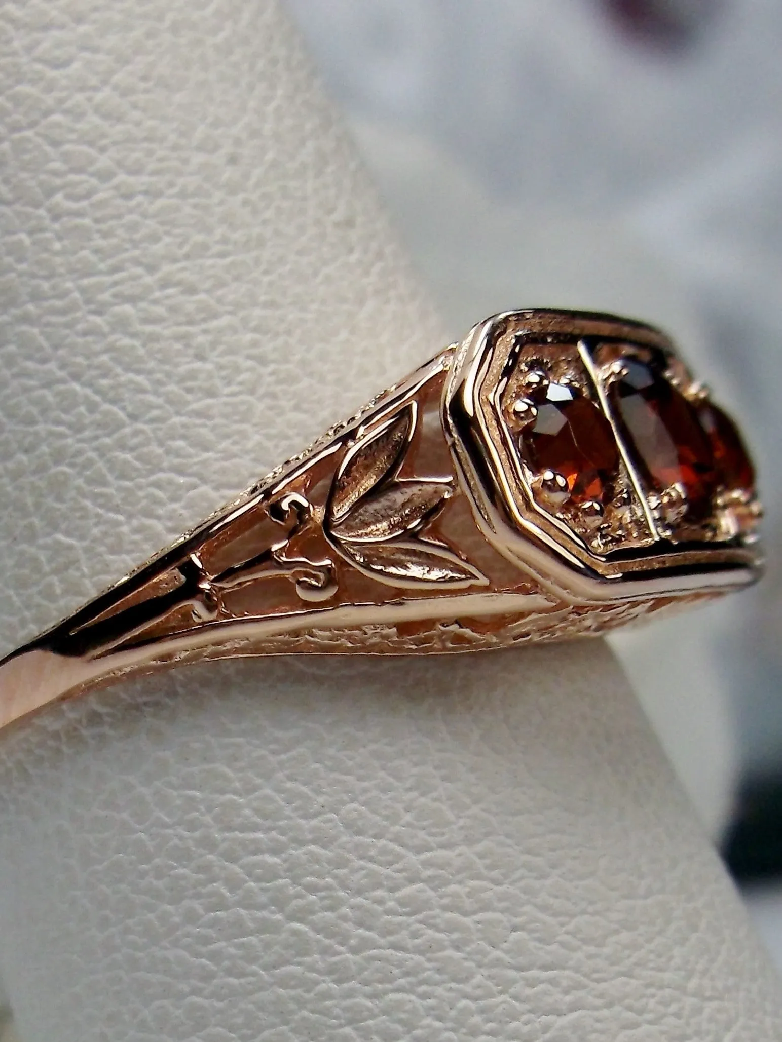 Natural Red Garnet Ring, Rose Gold plated Sterling Silver Lily Leaf Filigree, Edwardian Jewelry #D197