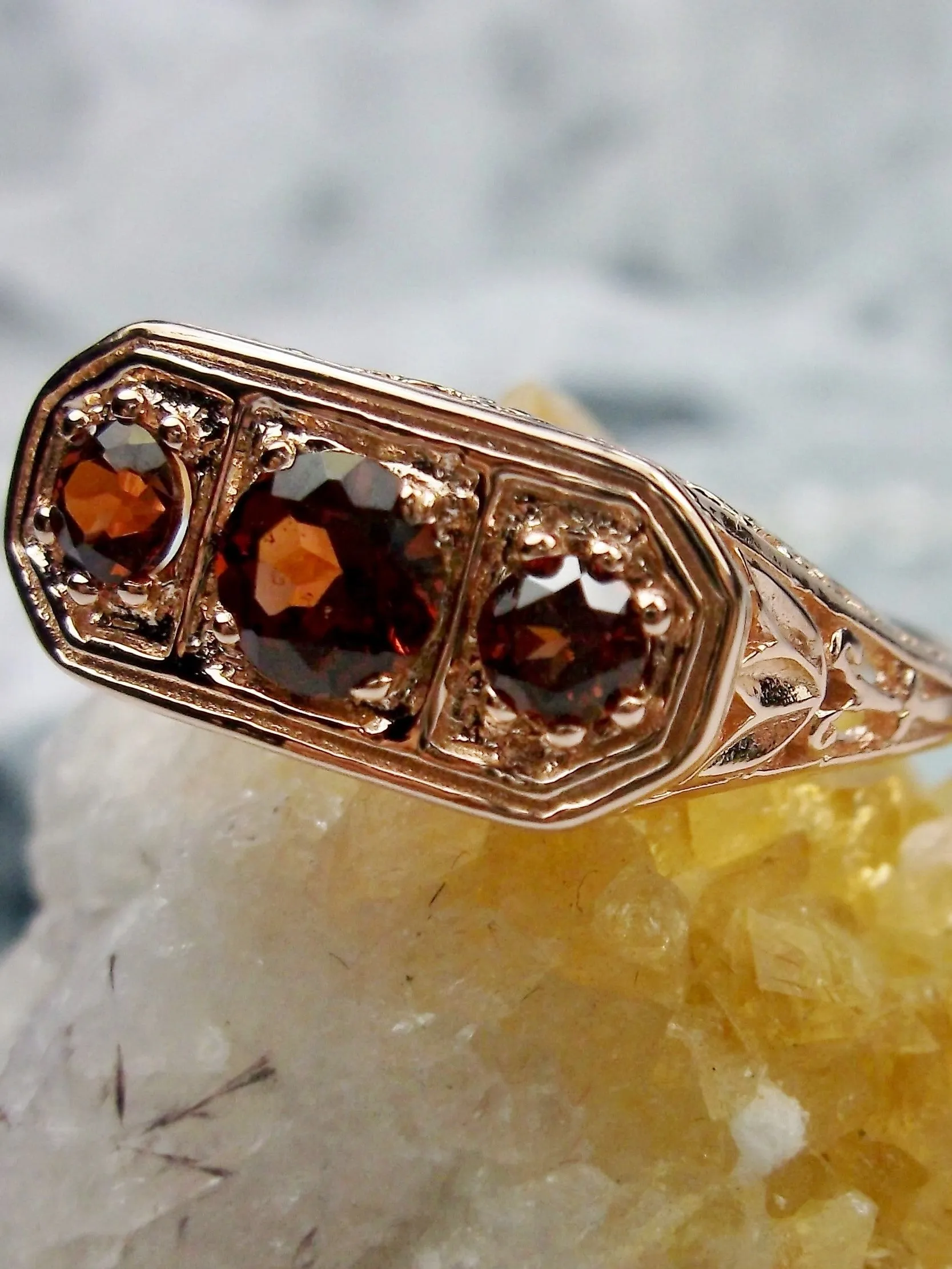 Natural Red Garnet Ring, Rose Gold plated Sterling Silver Lily Leaf Filigree, Edwardian Jewelry #D197