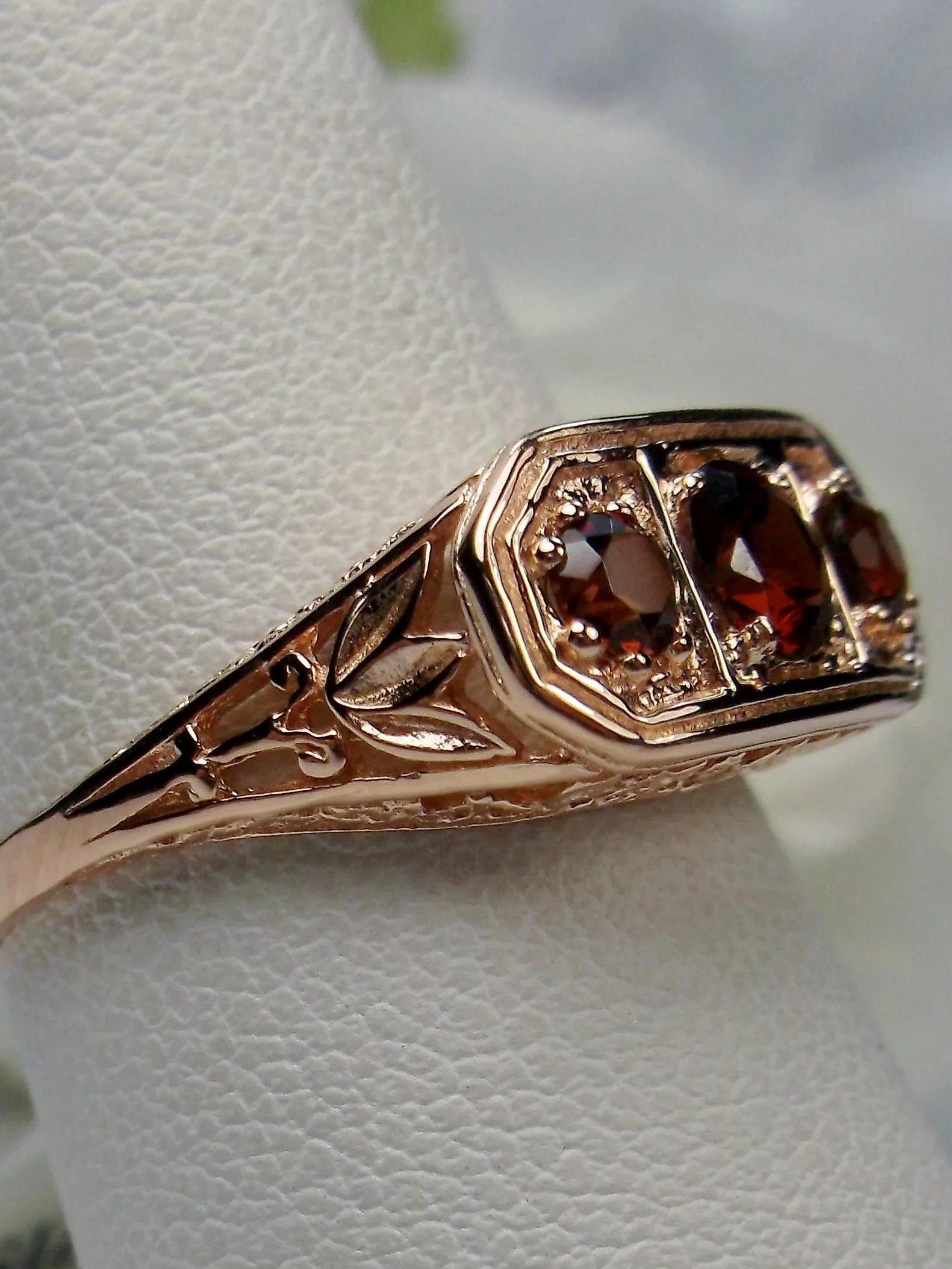 Natural Red Garnet Ring, Rose Gold plated Sterling Silver Lily Leaf Filigree, Edwardian Jewelry #D197