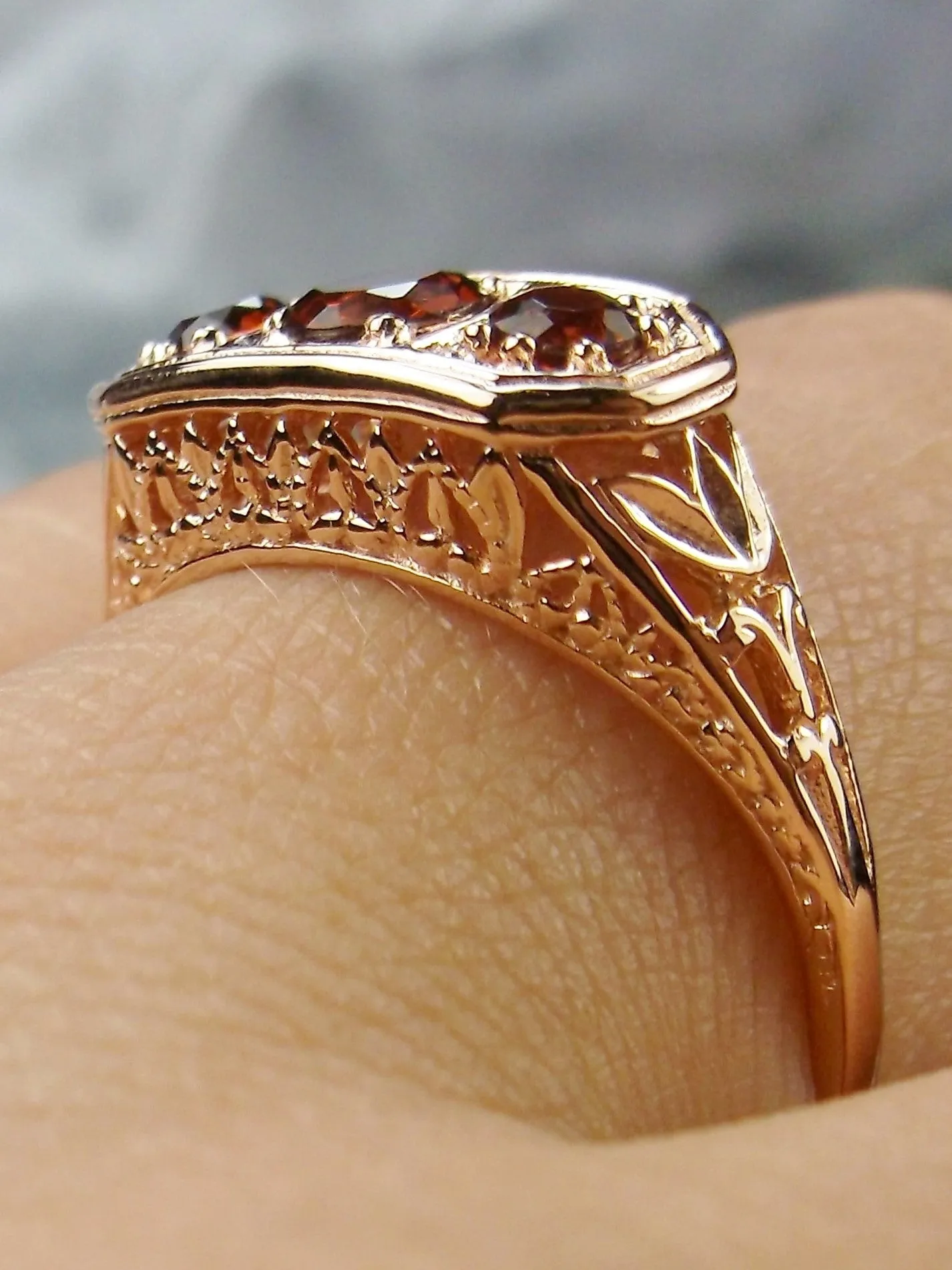 Natural Red Garnet Ring, Rose Gold plated Sterling Silver Lily Leaf Filigree, Edwardian Jewelry #D197
