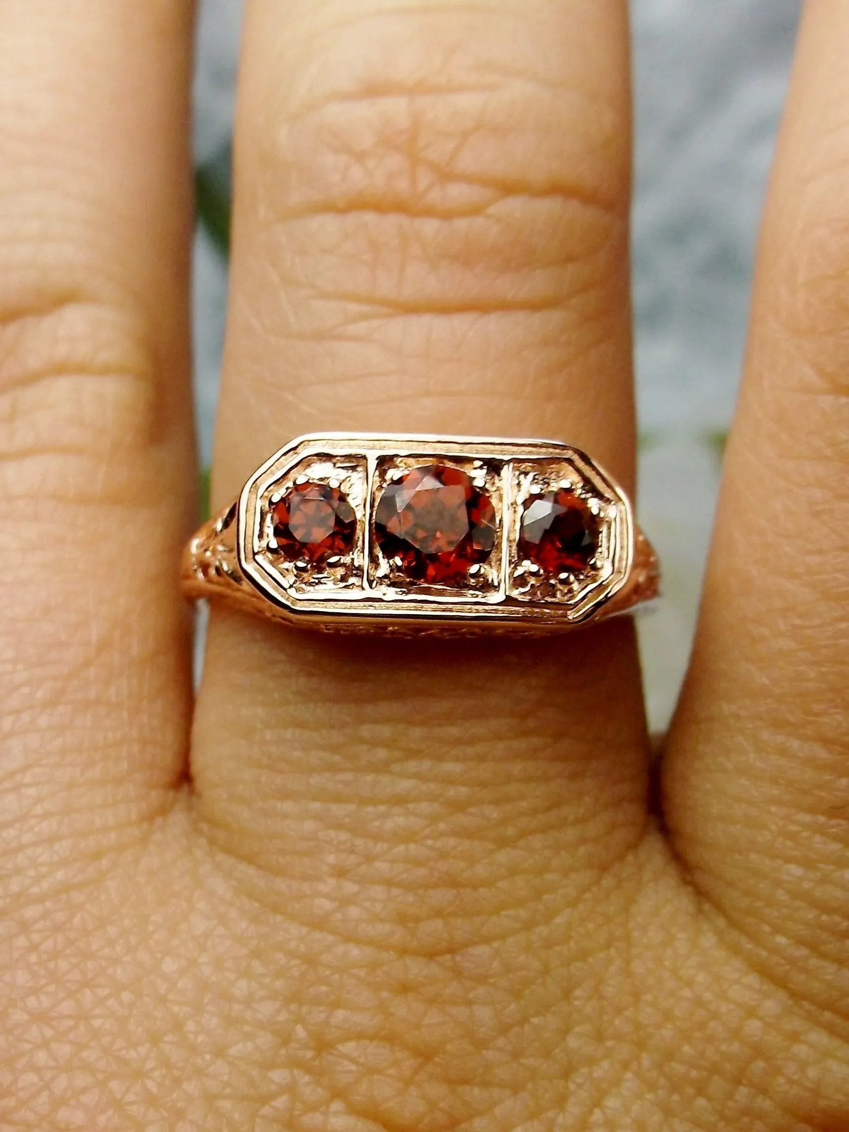 Natural Red Garnet Ring, Rose Gold plated Sterling Silver Lily Leaf Filigree, Edwardian Jewelry #D197