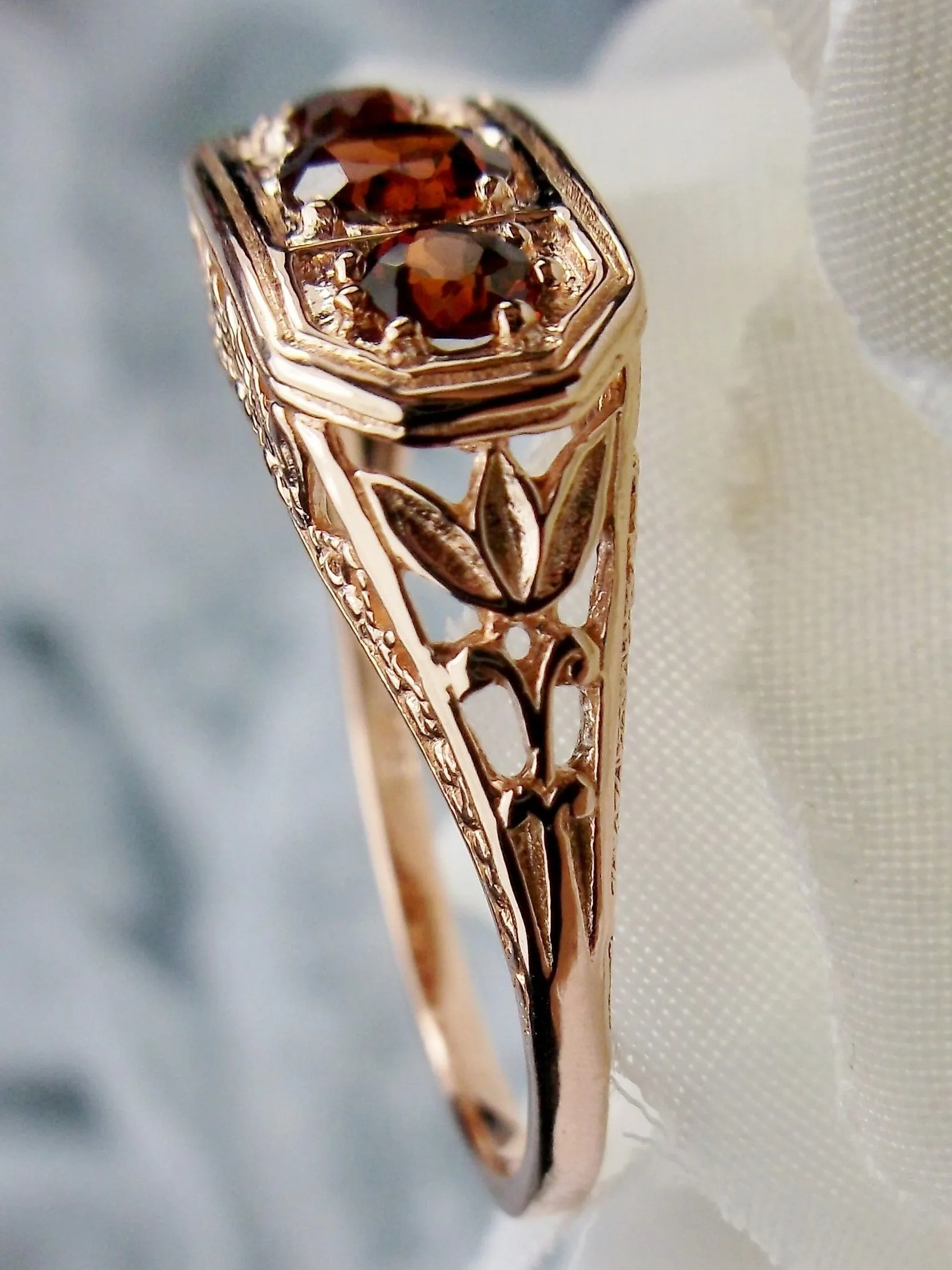 Natural Red Garnet Ring, Rose Gold plated Sterling Silver Lily Leaf Filigree, Edwardian Jewelry #D197