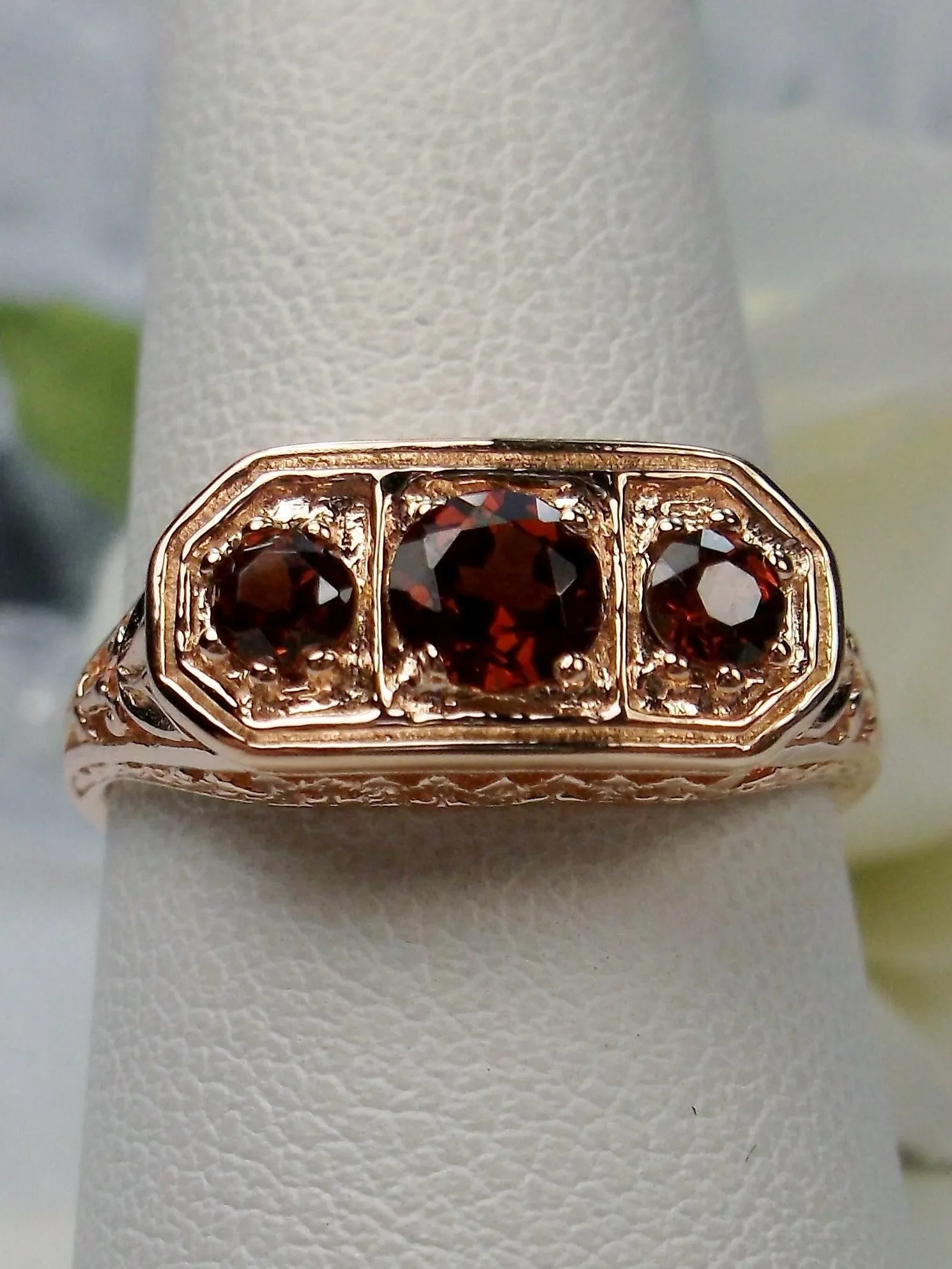 Natural Red Garnet Ring, Rose Gold plated Sterling Silver Lily Leaf Filigree, Edwardian Jewelry #D197