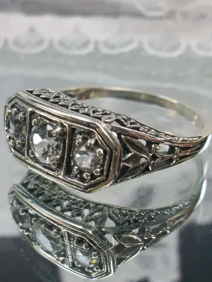 Natural White Topaz Ring, Size 7 Ring, Sterling Silver Lily Leaf Filigree, Edwardian Jewelry #D197 - Ready to Ship