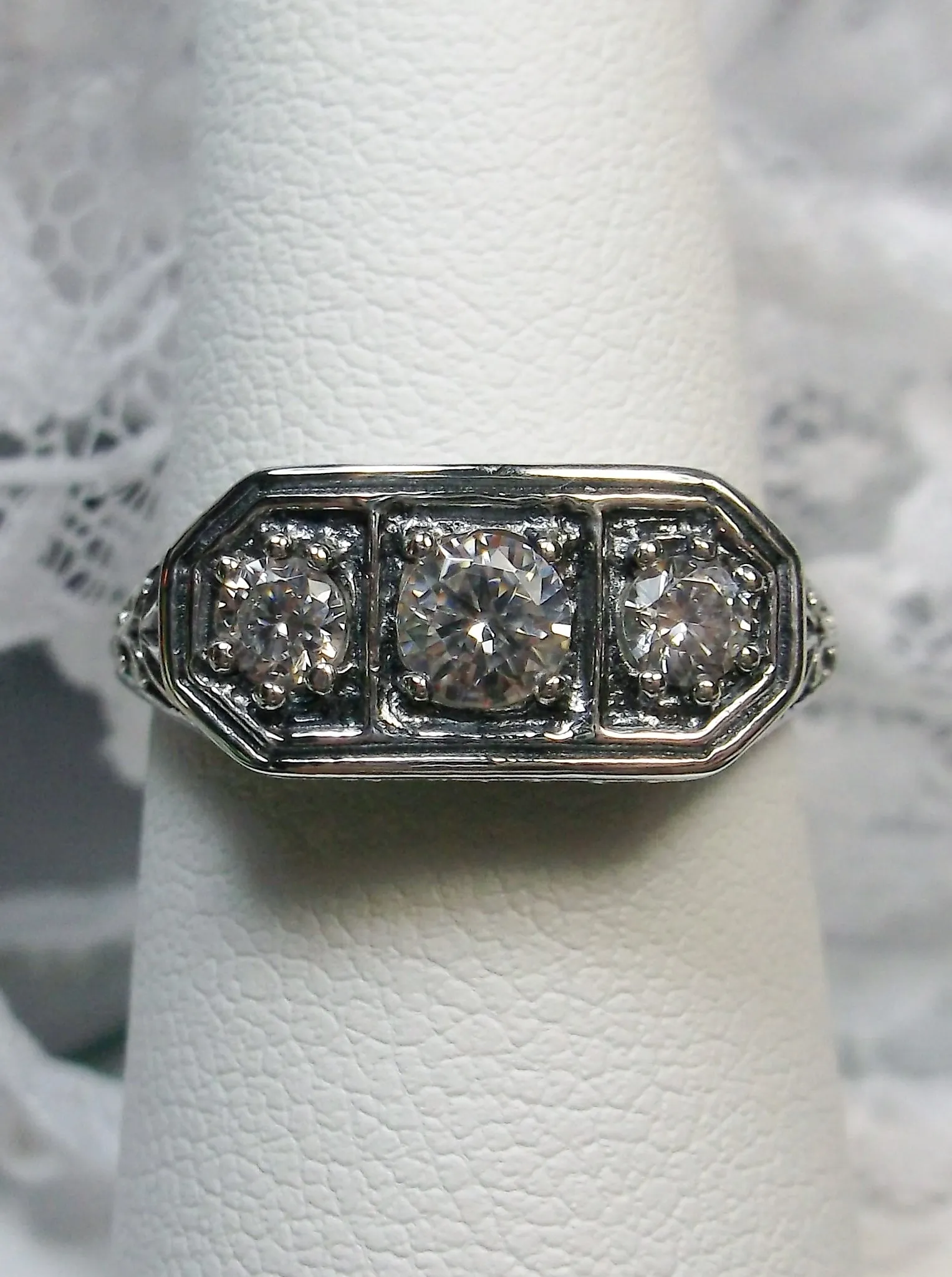 Natural White Topaz Ring, Size 7 Ring, Sterling Silver Lily Leaf Filigree, Edwardian Jewelry #D197 - Ready to Ship
