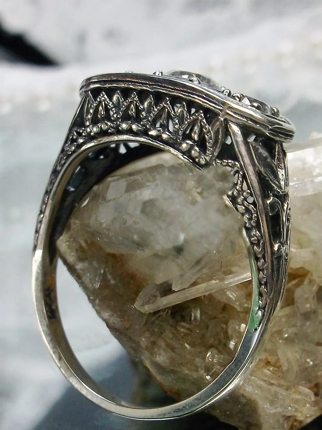 Natural White Topaz Ring, Size 7 Ring, Sterling Silver Lily Leaf Filigree, Edwardian Jewelry #D197 - Ready to Ship