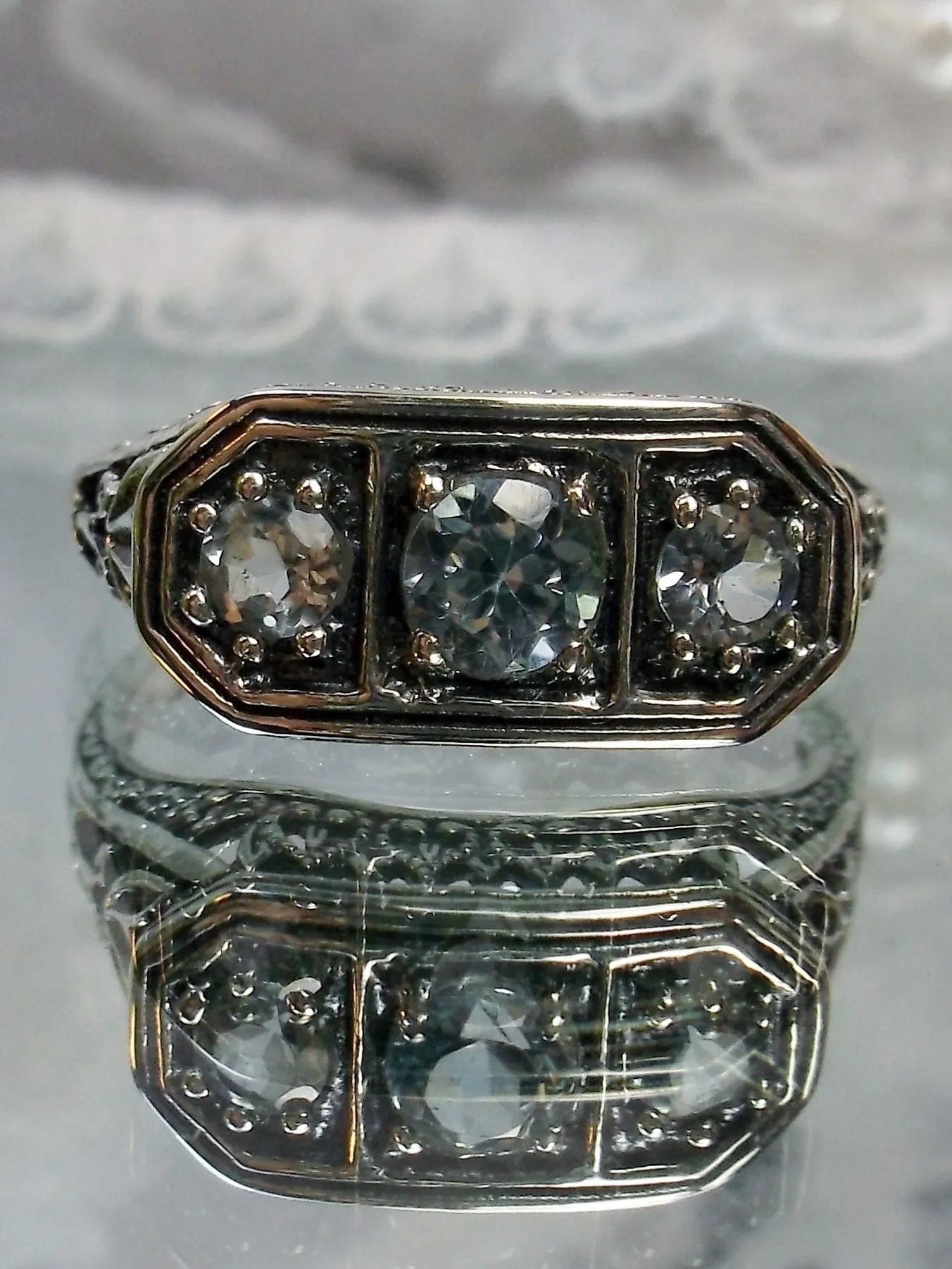 Natural White Topaz Ring, Size 7 Ring, Sterling Silver Lily Leaf Filigree, Edwardian Jewelry #D197 - Ready to Ship