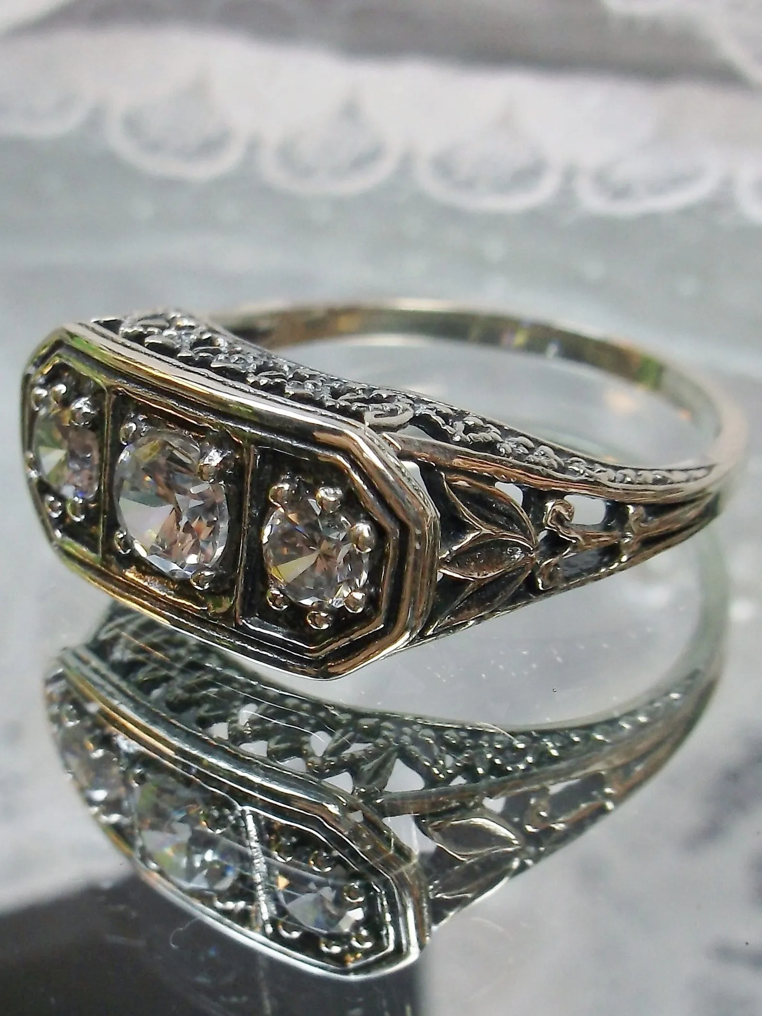 Natural White Topaz Ring, Size 7 Ring, Sterling Silver Lily Leaf Filigree, Edwardian Jewelry #D197 - Ready to Ship