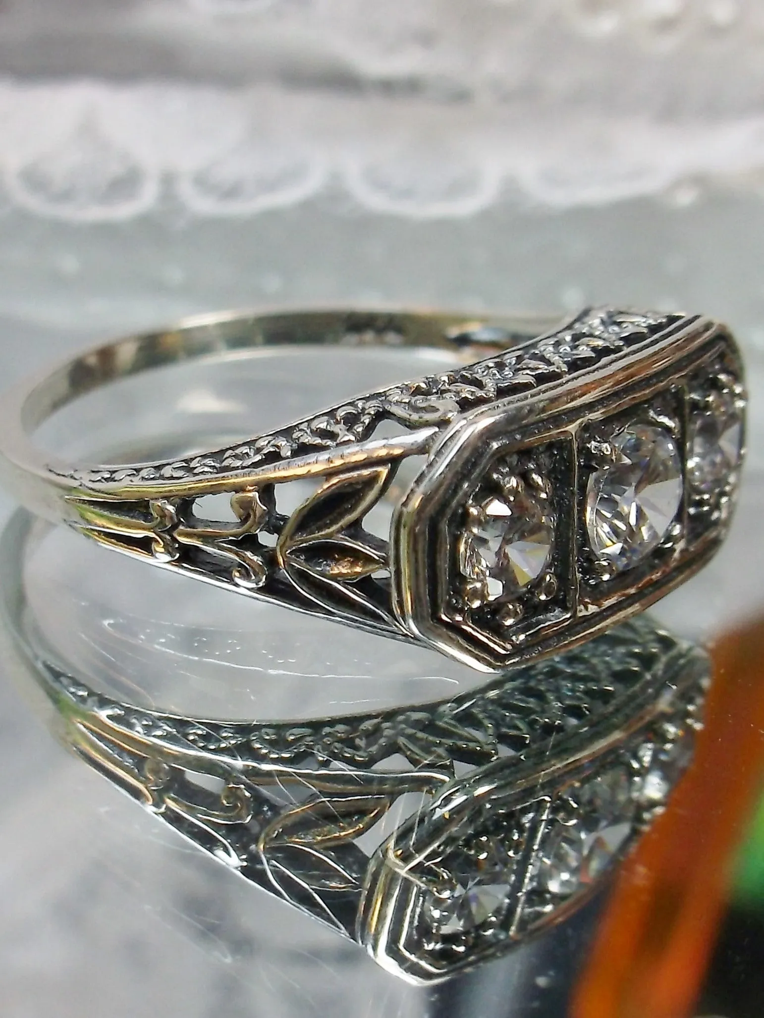 Natural White Topaz Ring, Size 9.5 Ring, Sterling Silver Lily Leaf Filigree, Edwardian Jewelry #D197 - Ready to Ship