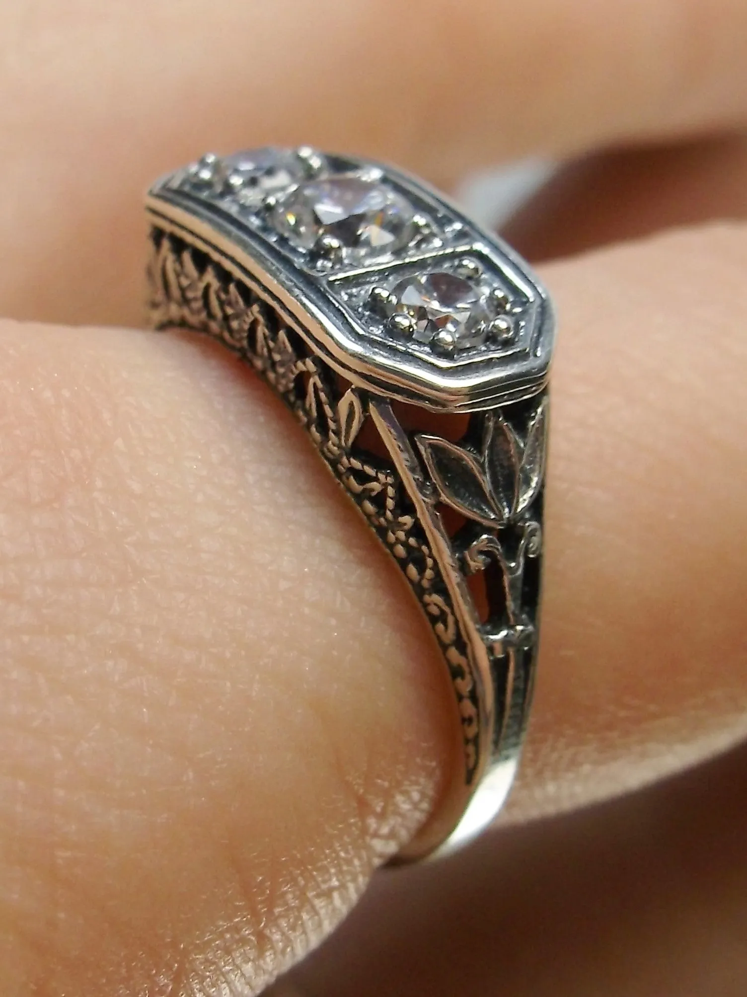 Natural White Topaz Ring, Size 9.5 Ring, Sterling Silver Lily Leaf Filigree, Edwardian Jewelry #D197 - Ready to Ship