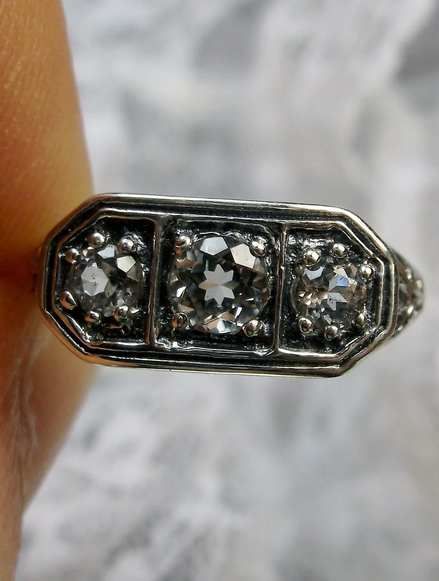Natural White Topaz Ring, Size 9.5 Ring, Sterling Silver Lily Leaf Filigree, Edwardian Jewelry #D197 - Ready to Ship