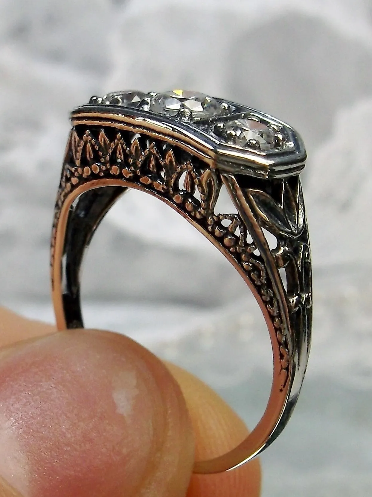 Natural White Topaz Ring, Sterling Silver Lily Leaf Filigree, Edwardian Jewelry #D197 - Ready to Ship