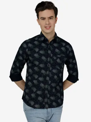 Navy Blue Printed Slim Fit Casual Shirt | Greenfibre
