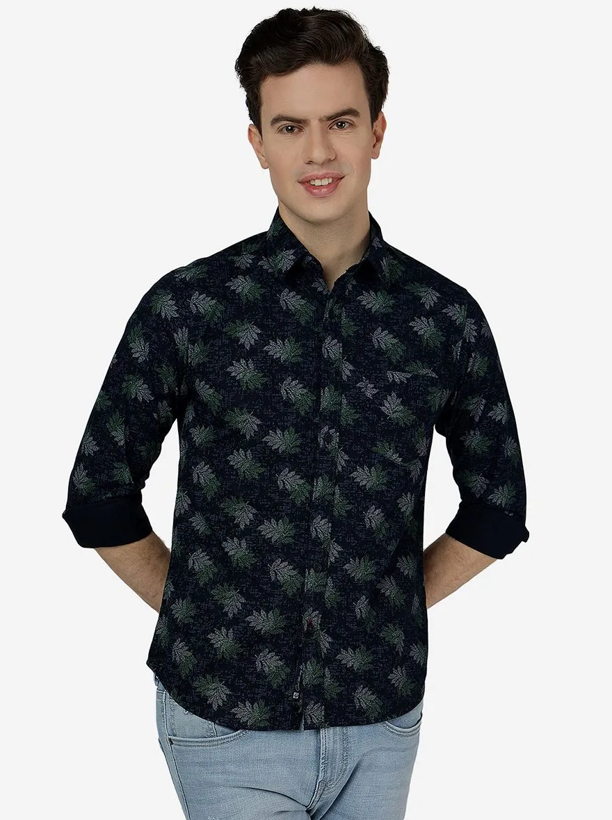 Navy Blue Printed Slim Fit Casual Shirt | Greenfibre