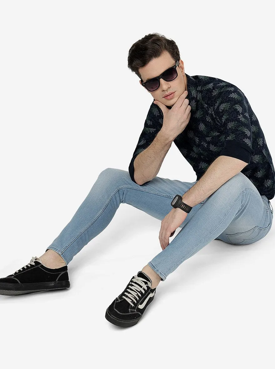 Navy Blue Printed Slim Fit Casual Shirt | Greenfibre