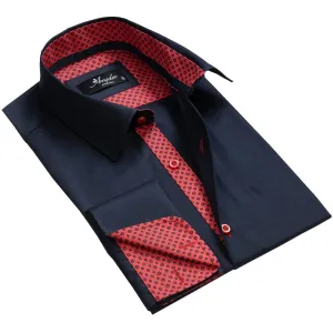Navy Blue Red Mens Slim Fit Designer French Cuff Shirt - tailored Cotton Shirts for Work and Casual Wear