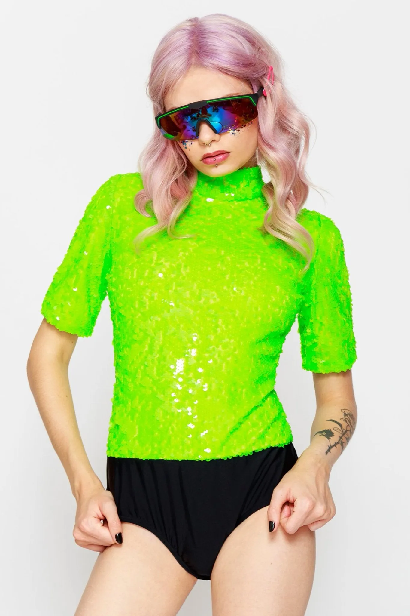Neon Green High Neck Sequin Bodysuit