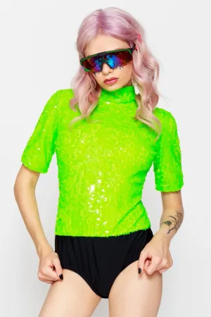 Neon Green High Neck Sequin Bodysuit