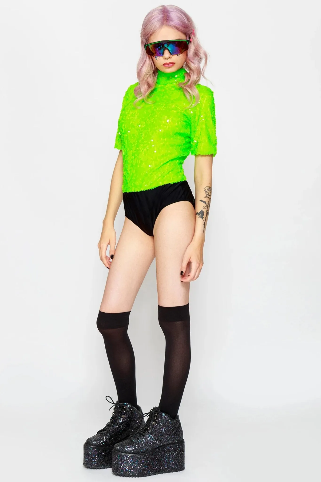 Neon Green High Neck Sequin Bodysuit