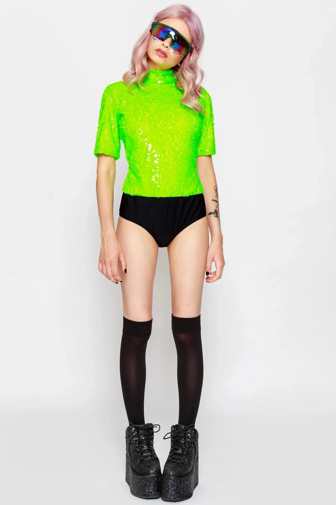 Neon Green High Neck Sequin Bodysuit