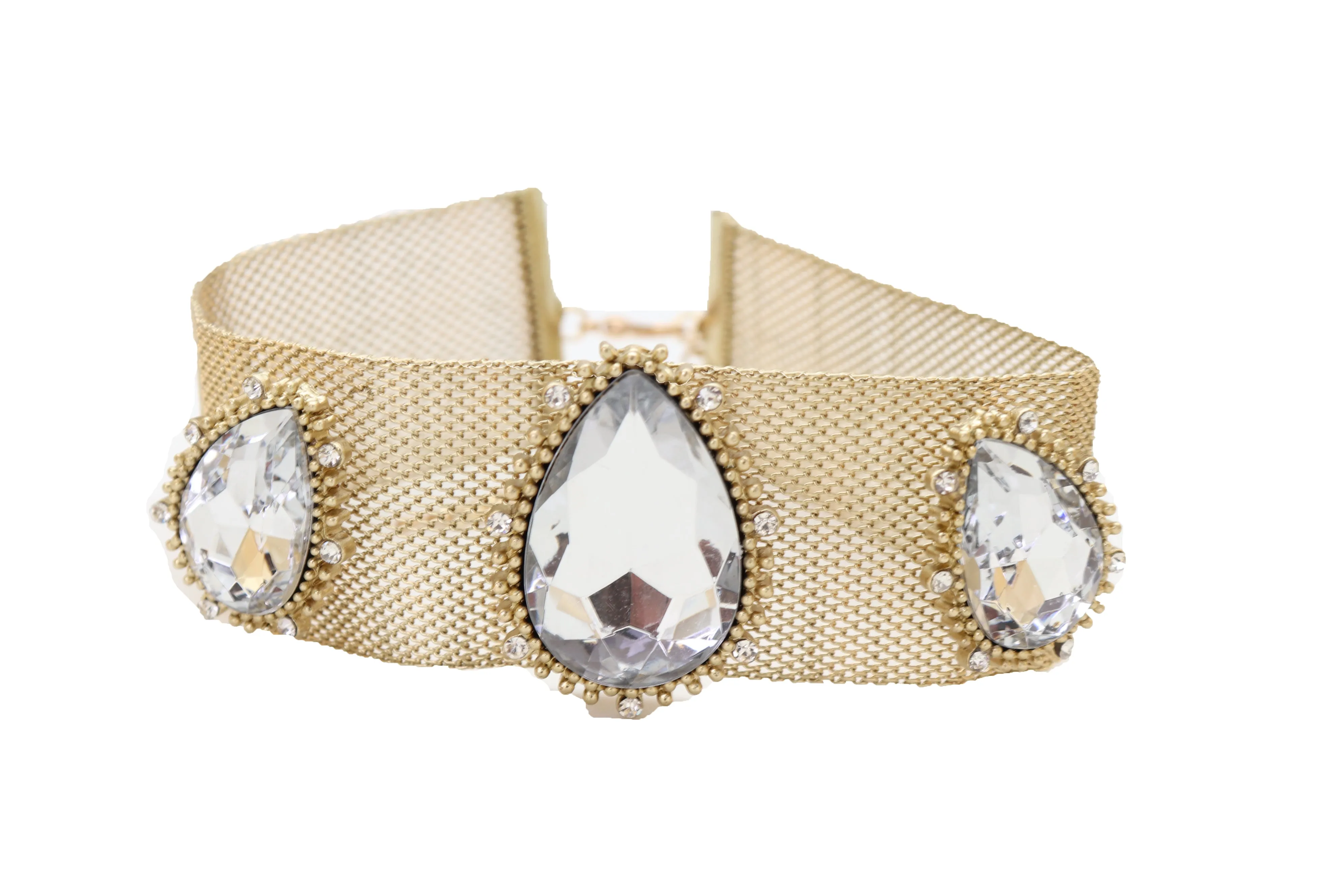 New Jewelry Gold Mesh Metal Wide Band Choker Necklace Silver Beads Cool Look