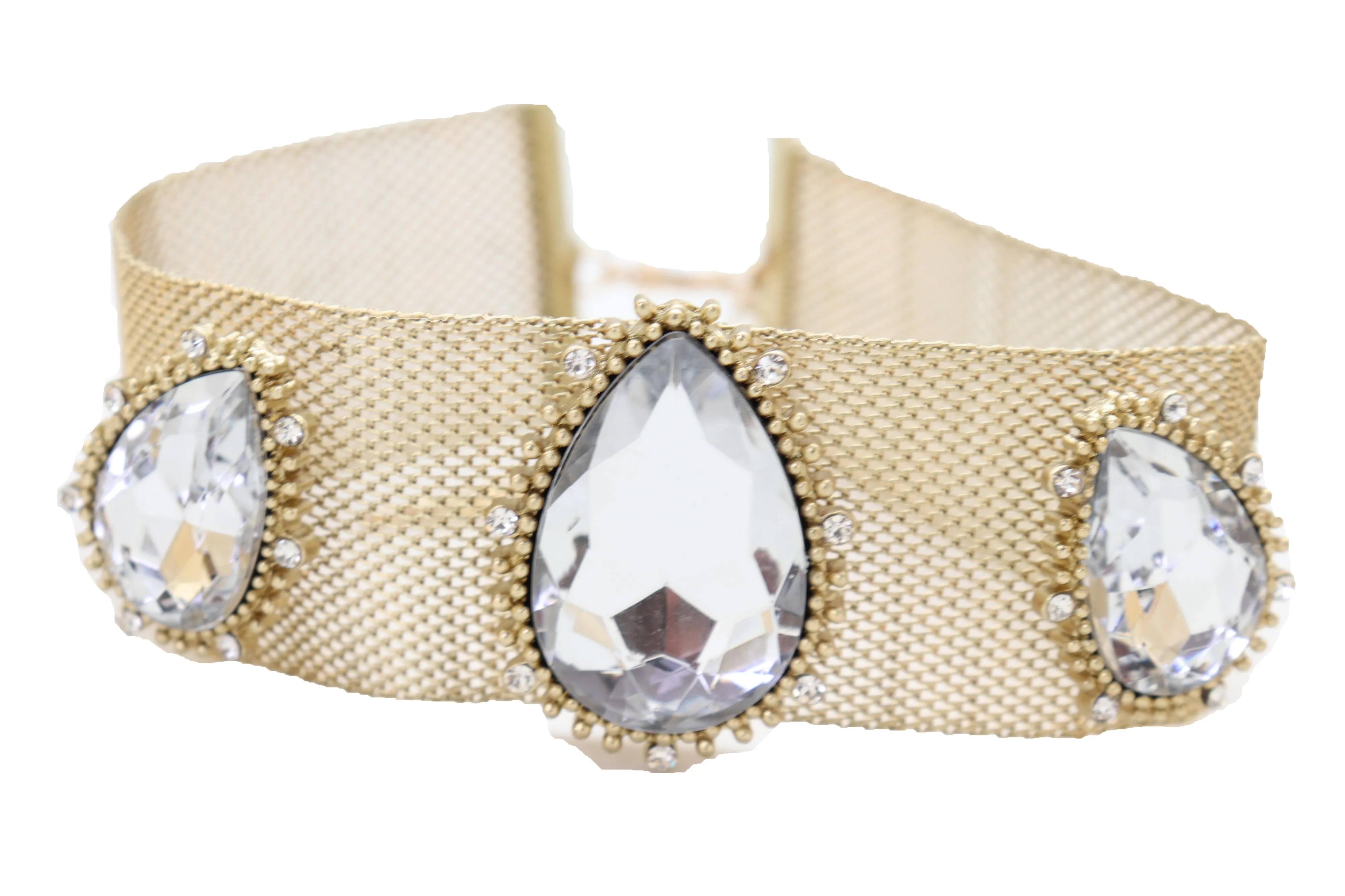 New Jewelry Gold Mesh Metal Wide Band Choker Necklace Silver Beads Cool Look