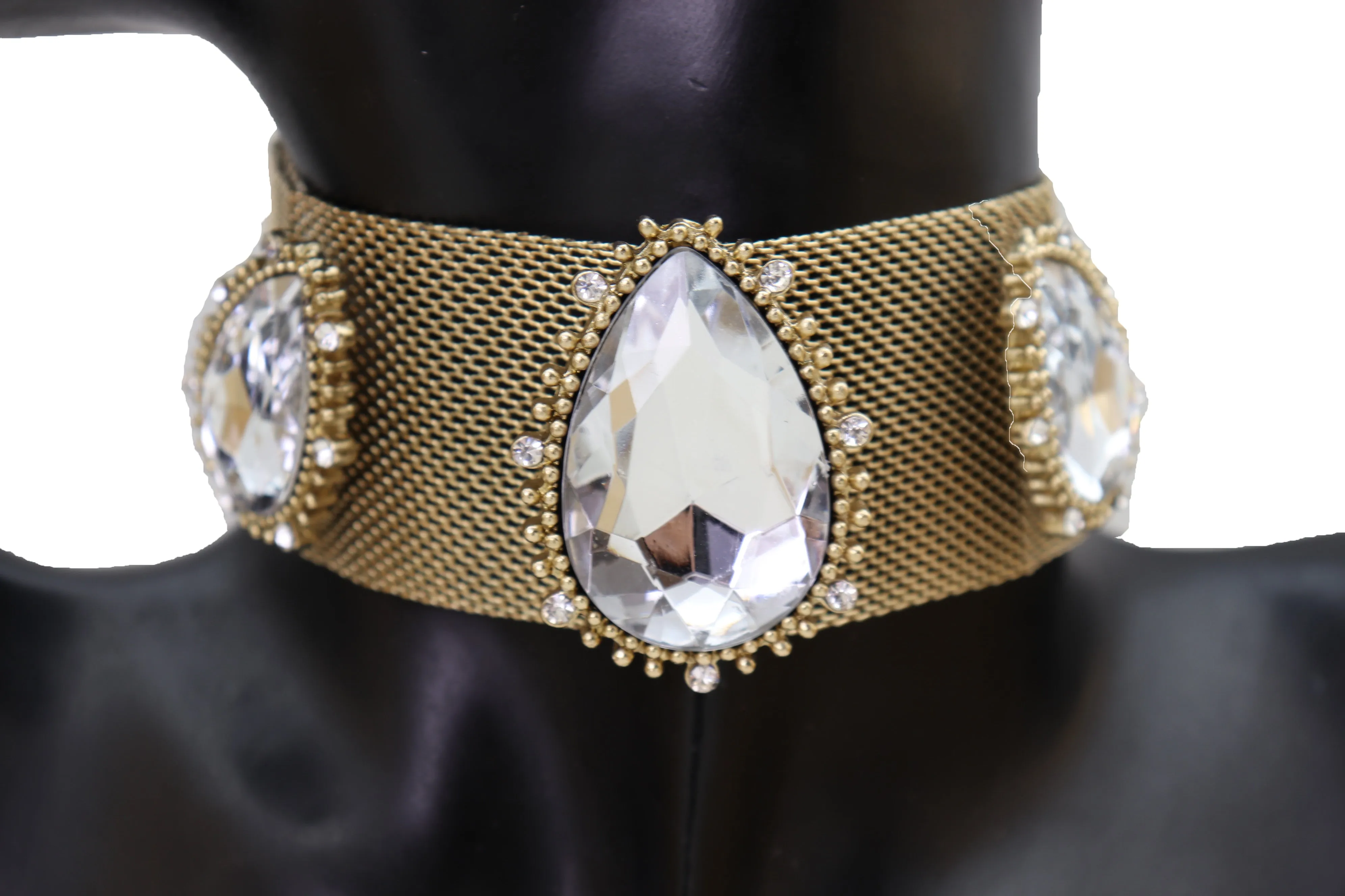 New Jewelry Gold Mesh Metal Wide Band Choker Necklace Silver Beads Cool Look