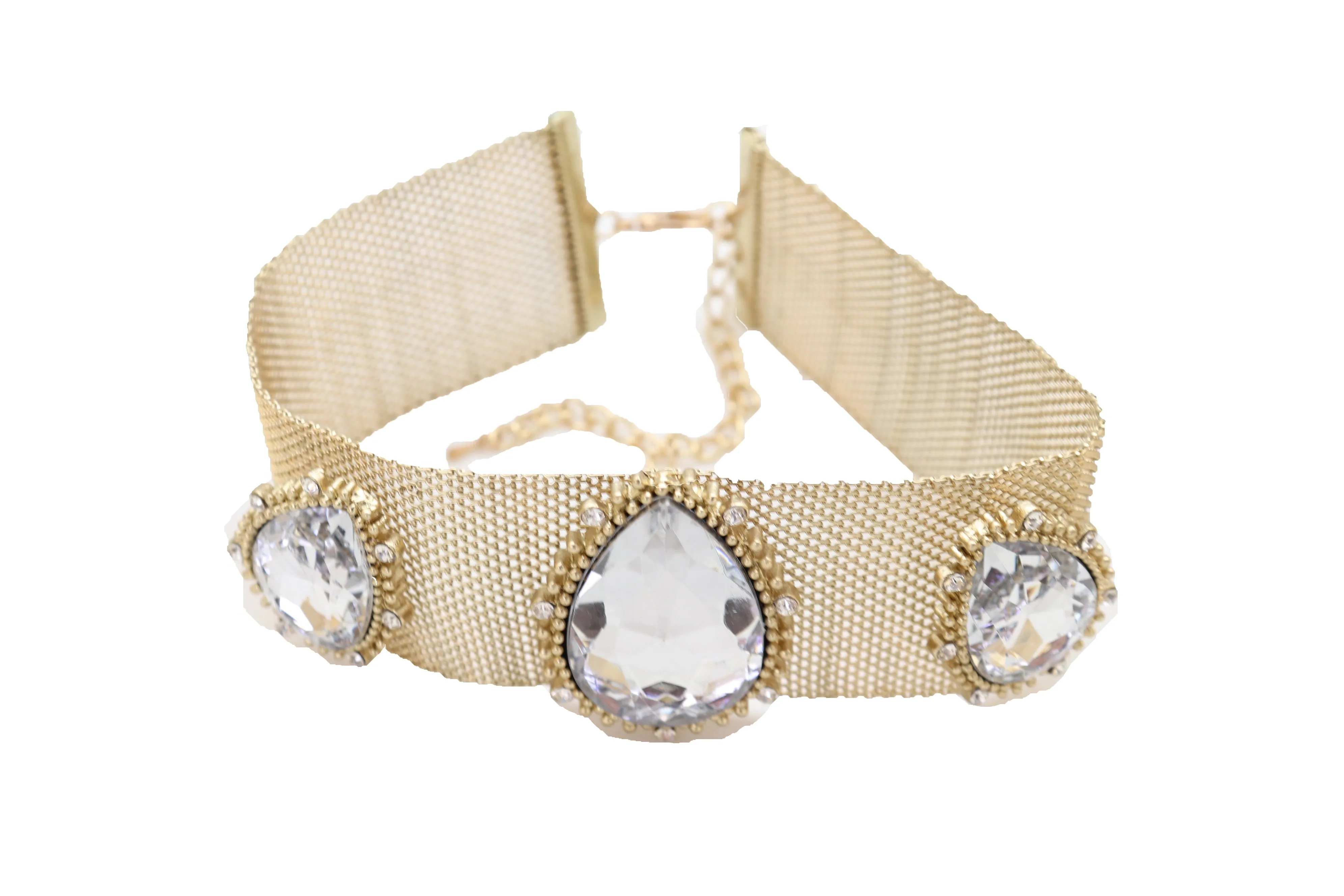New Jewelry Gold Mesh Metal Wide Band Choker Necklace Silver Beads Cool Look