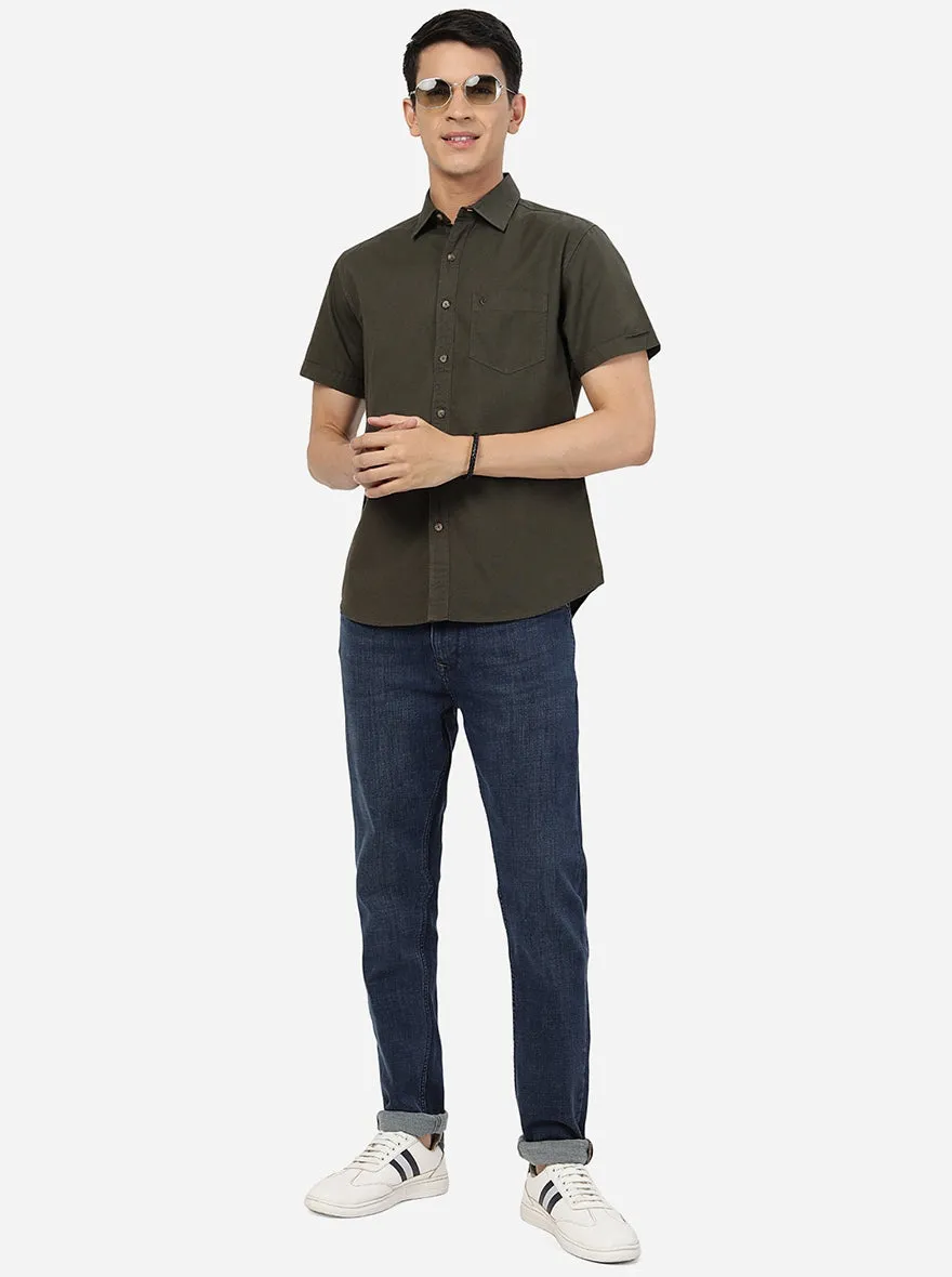 Olive Green Solid Slim Fit Casual Shirt | Greenfibre