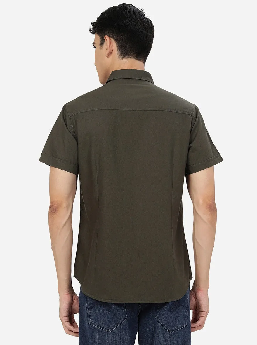 Olive Green Solid Slim Fit Casual Shirt | Greenfibre