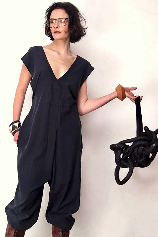Origami Jumpsuit Black Raw Silk Oval Obi Belt