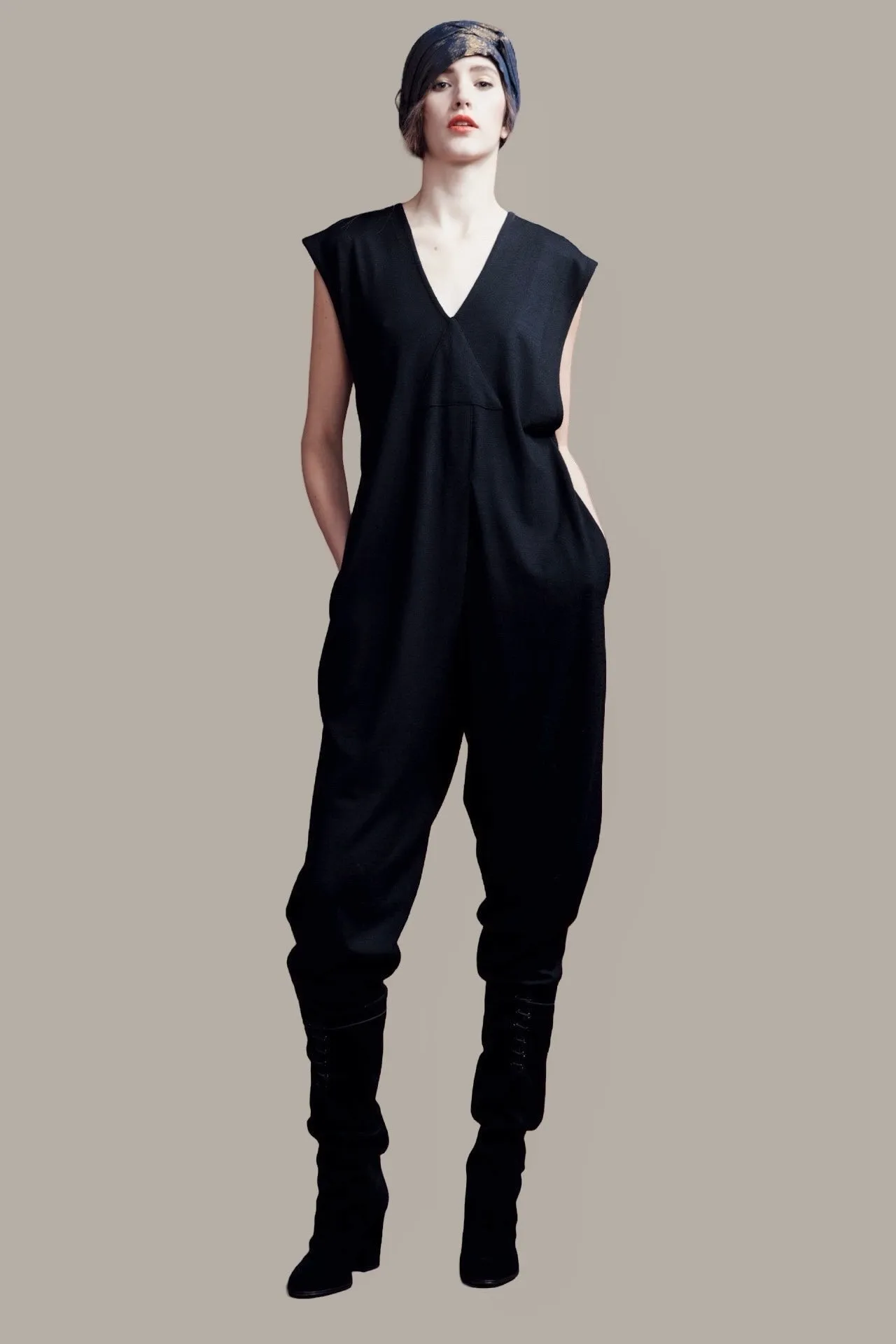 Origami Jumpsuit Black Raw Silk Oval Obi Belt