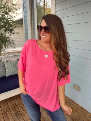 Oversized Crewneck High-Low Hem Pocket Top - Hot Pink by Sew In Love