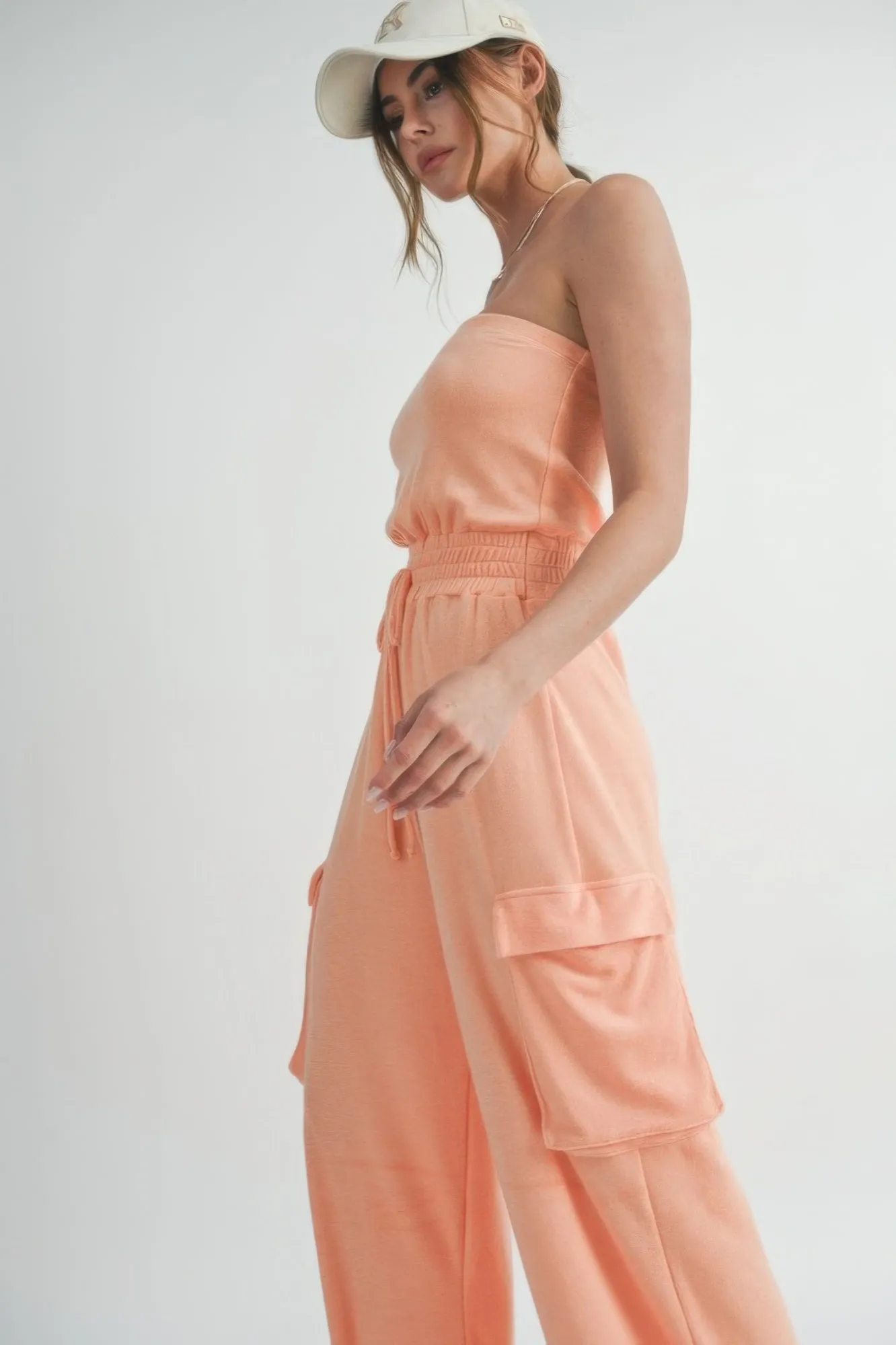 Peach Tube Top Jumpsuit with Cargo Pockets Romper