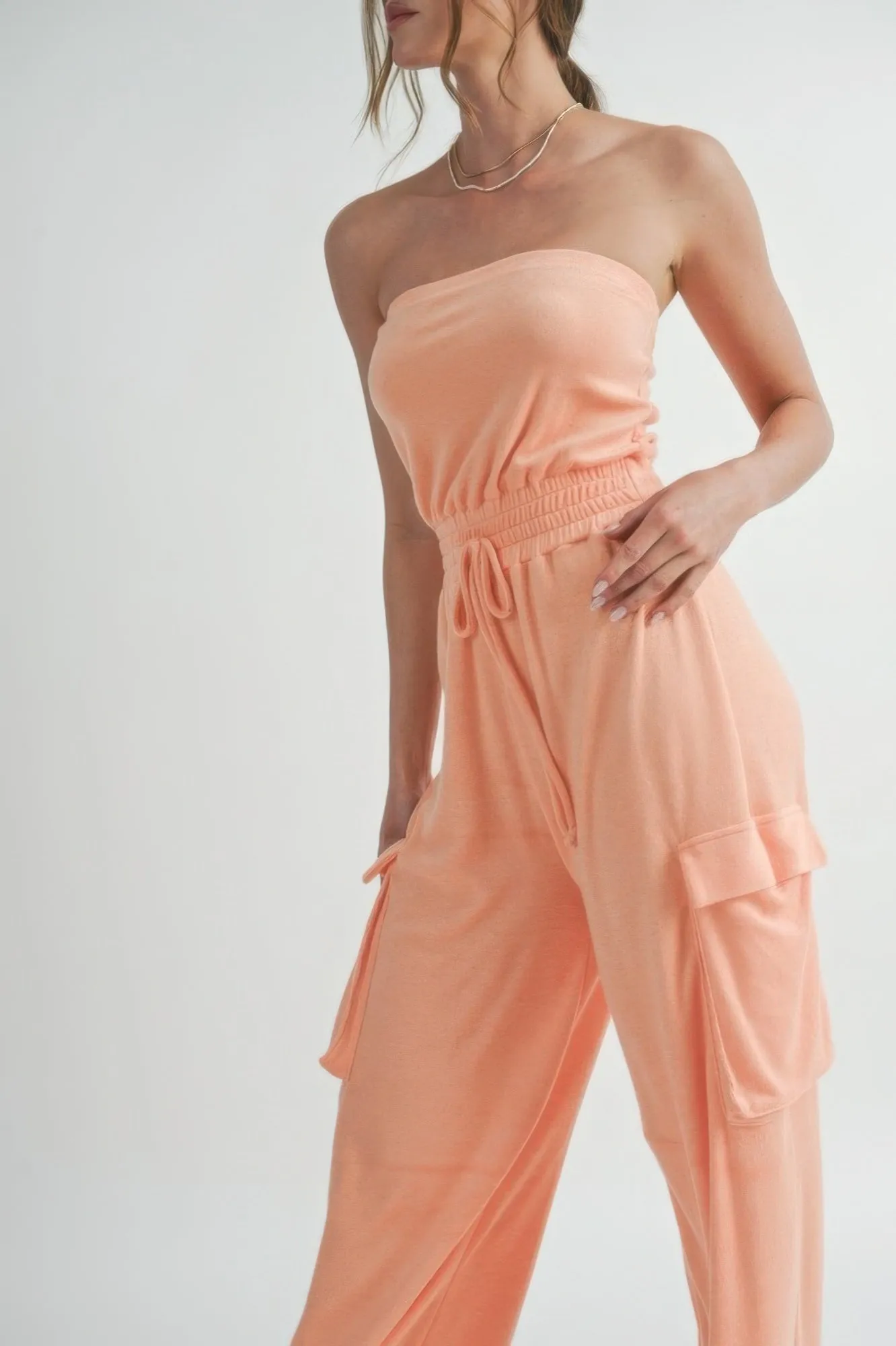 Peach Tube Top Jumpsuit with Cargo Pockets Romper