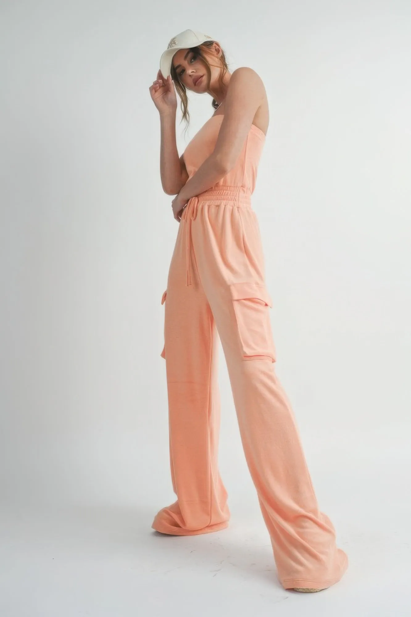 Peach Tube Top Jumpsuit with Cargo Pockets Romper