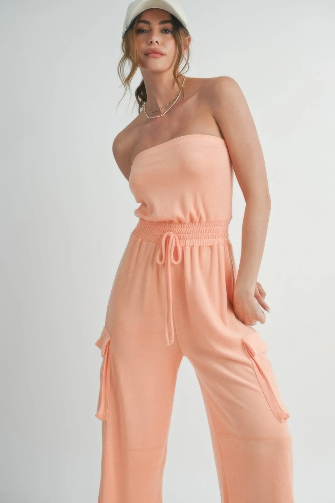 Peach Tube Top Jumpsuit with Cargo Pockets Romper
