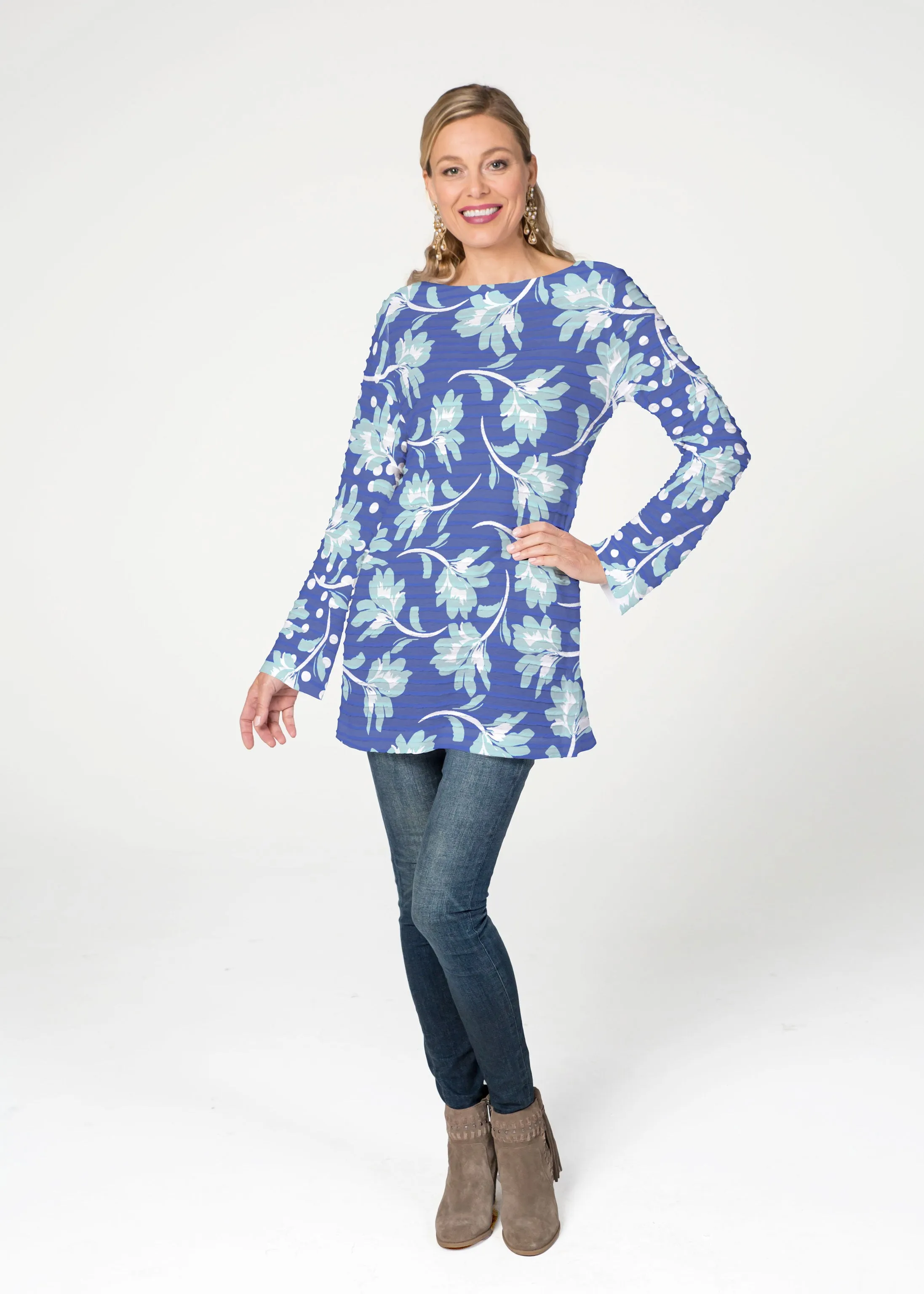 Polka Dot Floral Navy (7916) ~ Banded Boatneck Tunic