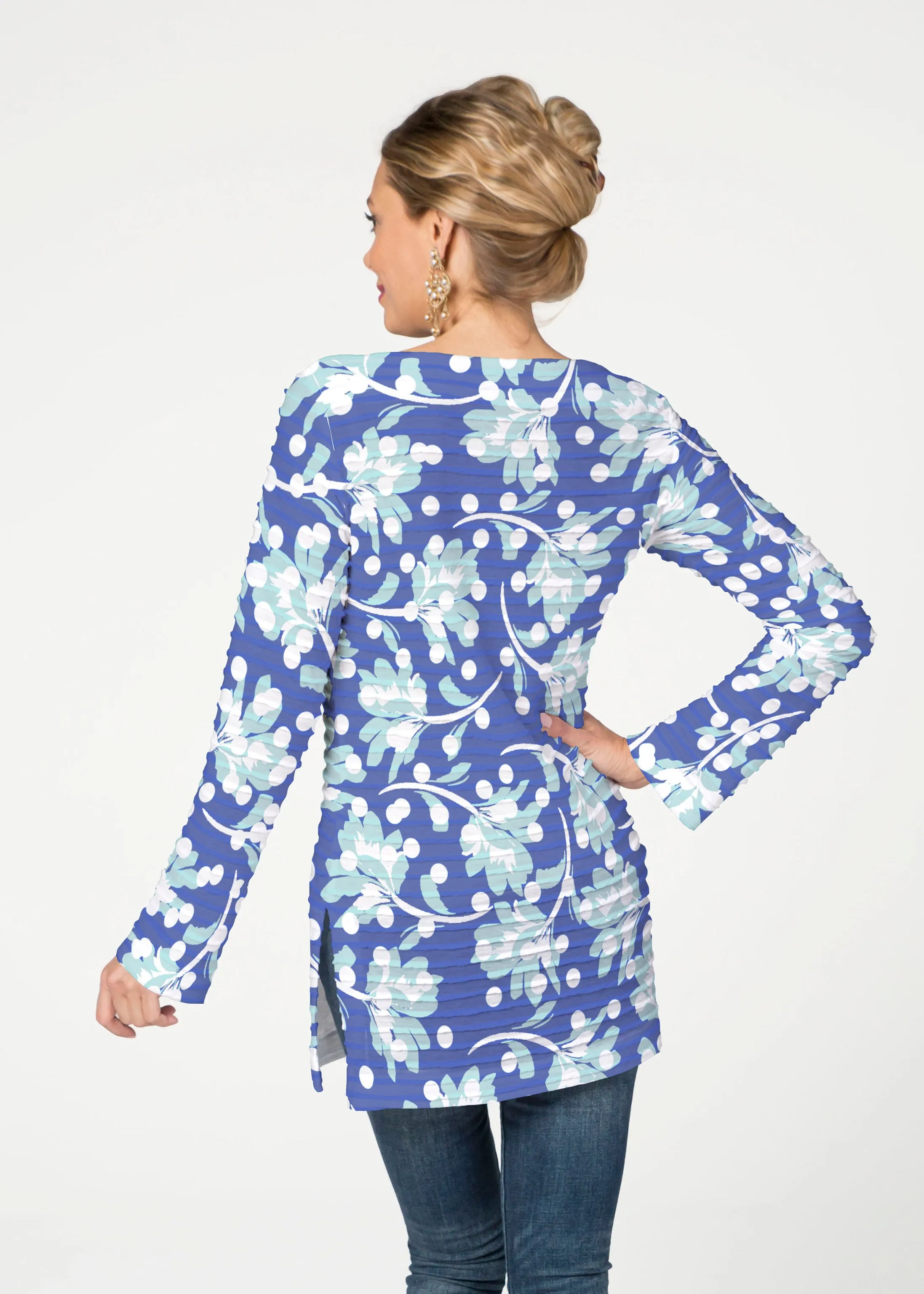 Polka Dot Floral Navy (7916) ~ Banded Boatneck Tunic
