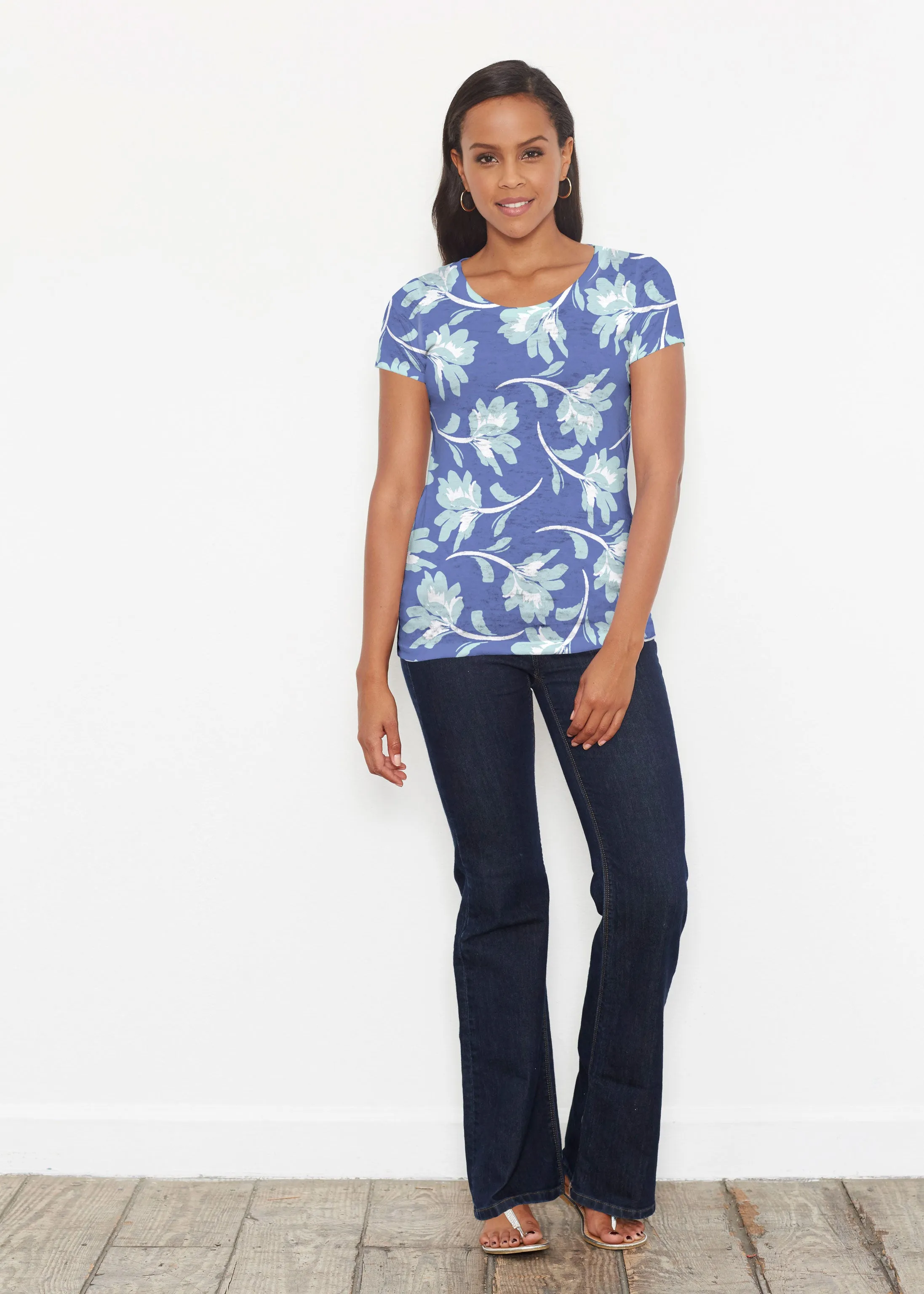 Polka Dot Floral Navy (7916) ~ Short Sleeve Scoop Shirt