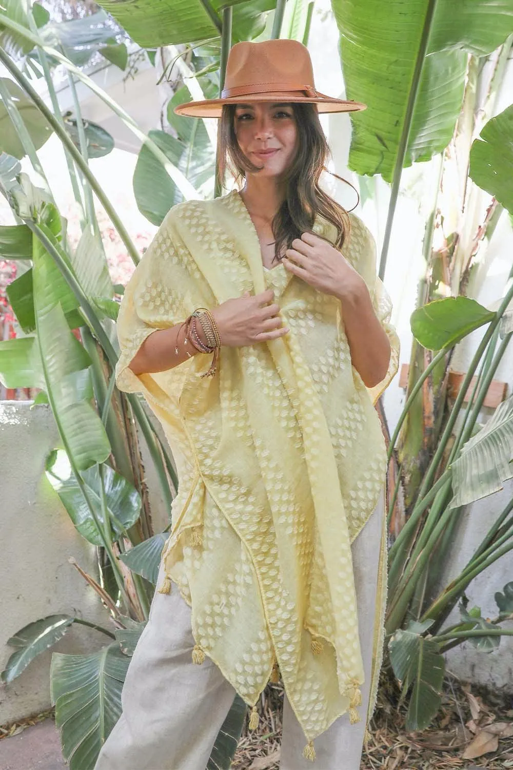 Pom Trimmed Jacquard Kimono