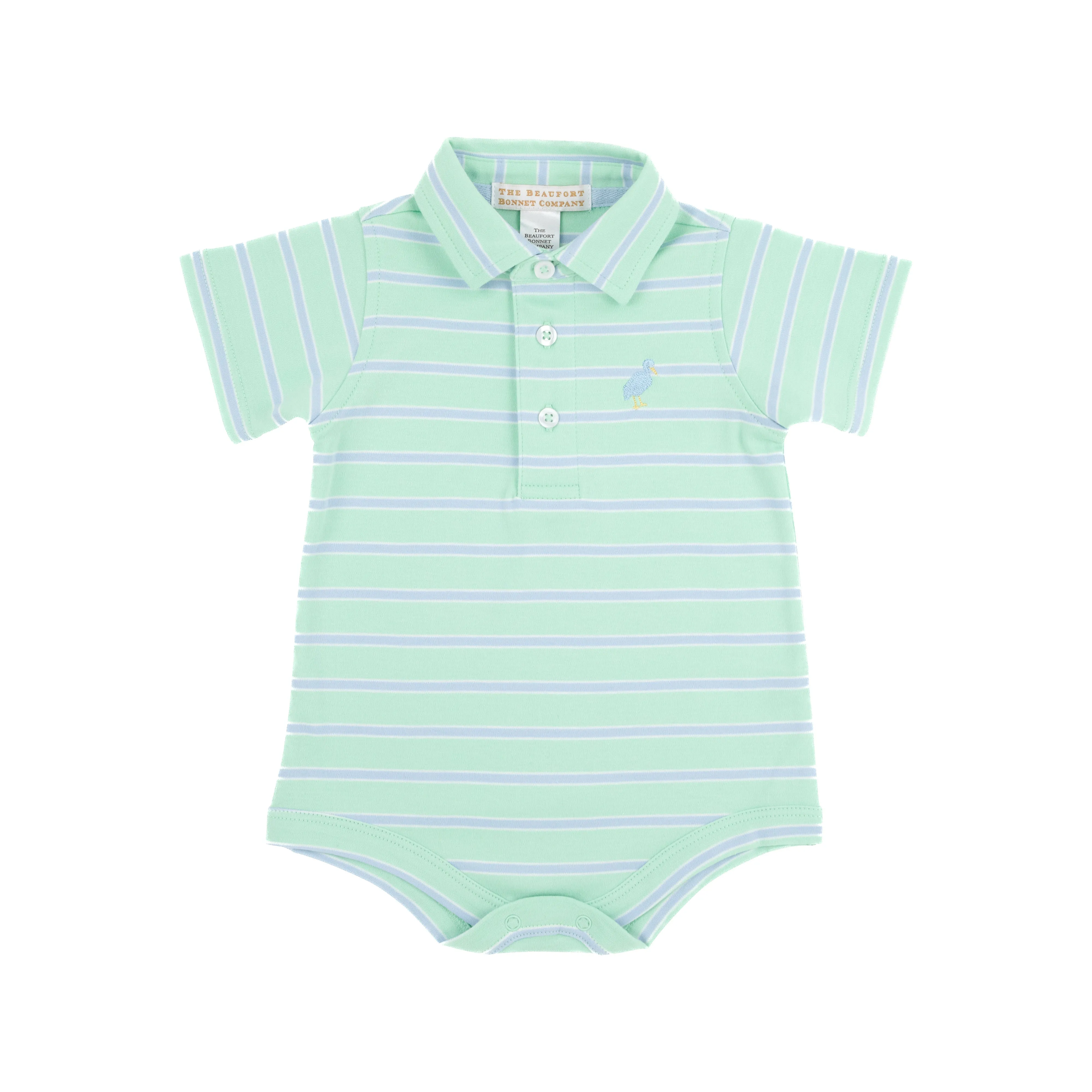 Prim & Proper Polo & Onesie - Grace Bay Green, Beale Street Blue, & Worth Avenue White Stripe with Beale Street Blue Stork