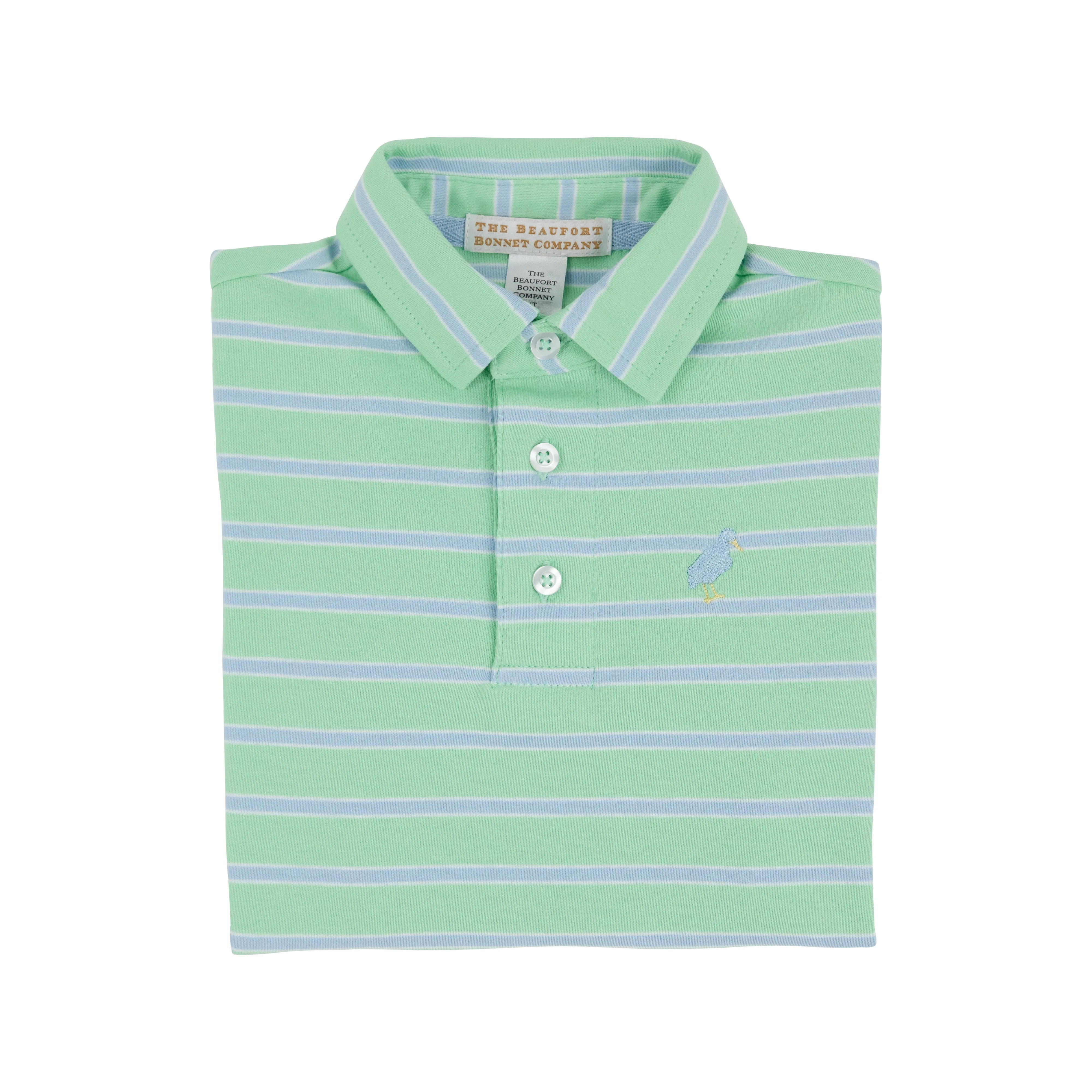 Prim & Proper Polo & Onesie - Grace Bay Green, Beale Street Blue, & Worth Avenue White Stripe with Beale Street Blue Stork