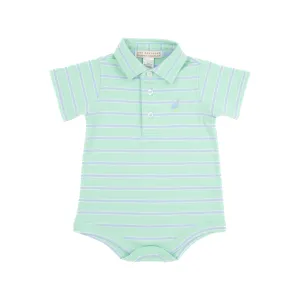 Prim & Proper Polo & Onesie - Grace Bay Green, Beale Street Blue, & Worth Avenue White Stripe with Beale Street Blue Stork